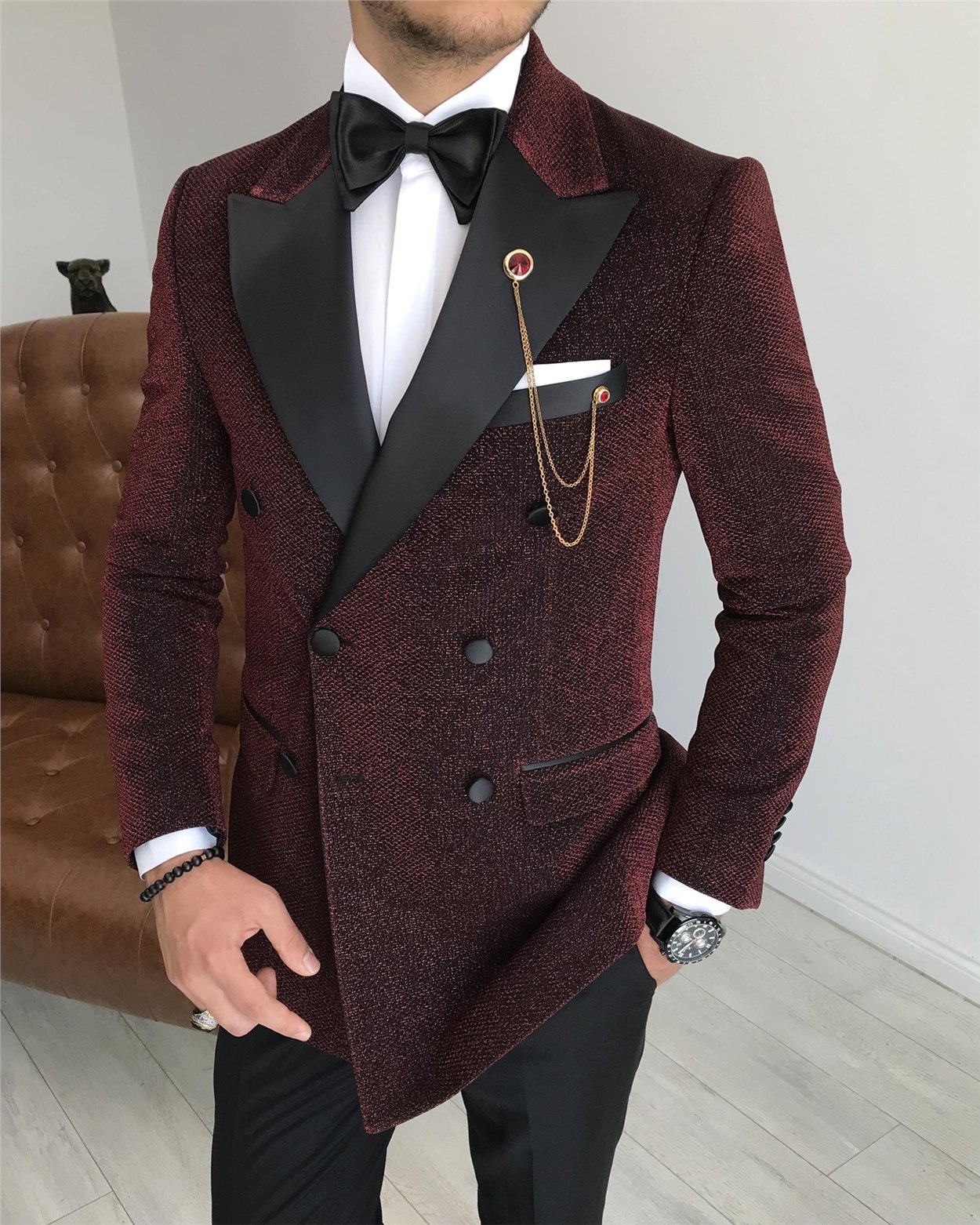 İtalyan kesim erkek ceket pantolon damatlık set Bordo T7482