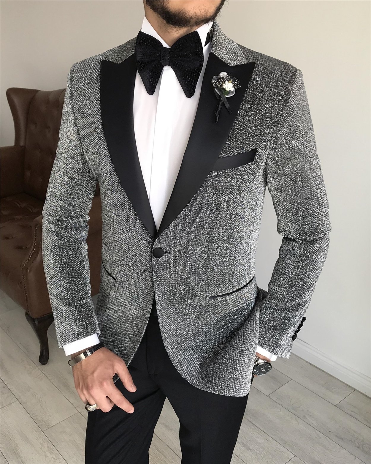 İtalyan kesim erkek ceket pantolon damatlık set Gri T7501