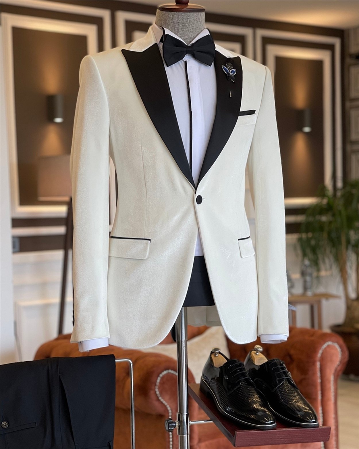 İtalyan kesim erkek ceket pantolon damatlık set Beyaz T5912