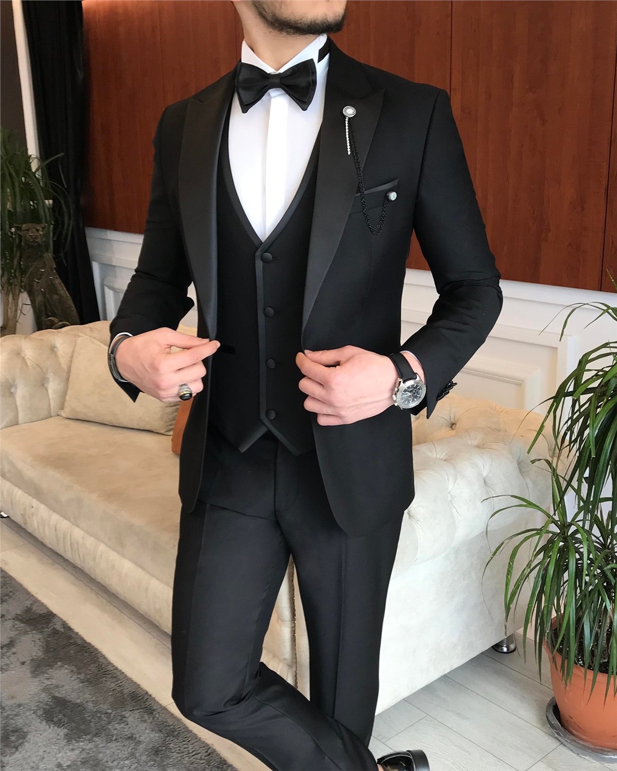 İtalyan kesim erkek damatlık takım elbise Siyah T7062