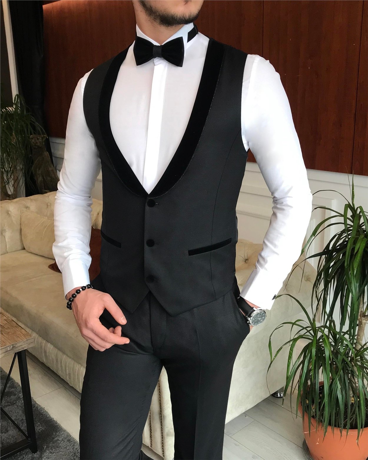 İtalyan kesim erkek ceket yelek pantolon damatlık set siyah T6323