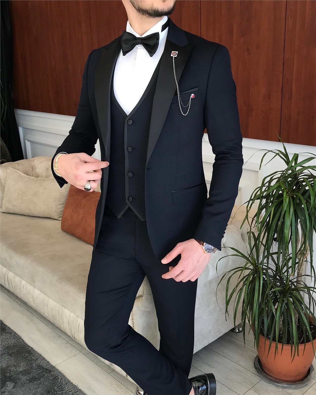 İtalyan kesim erkek ceket yelek pantolon damatlık set Lacivert T7061