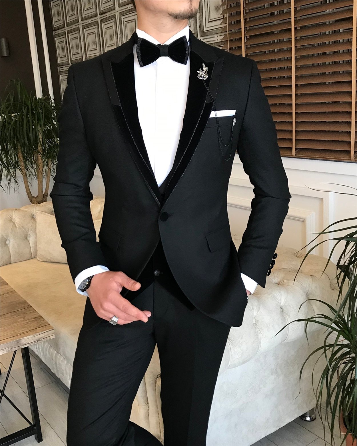 İtalyan kesim erkek ceket yelek pantolon damatlık set siyah T6015