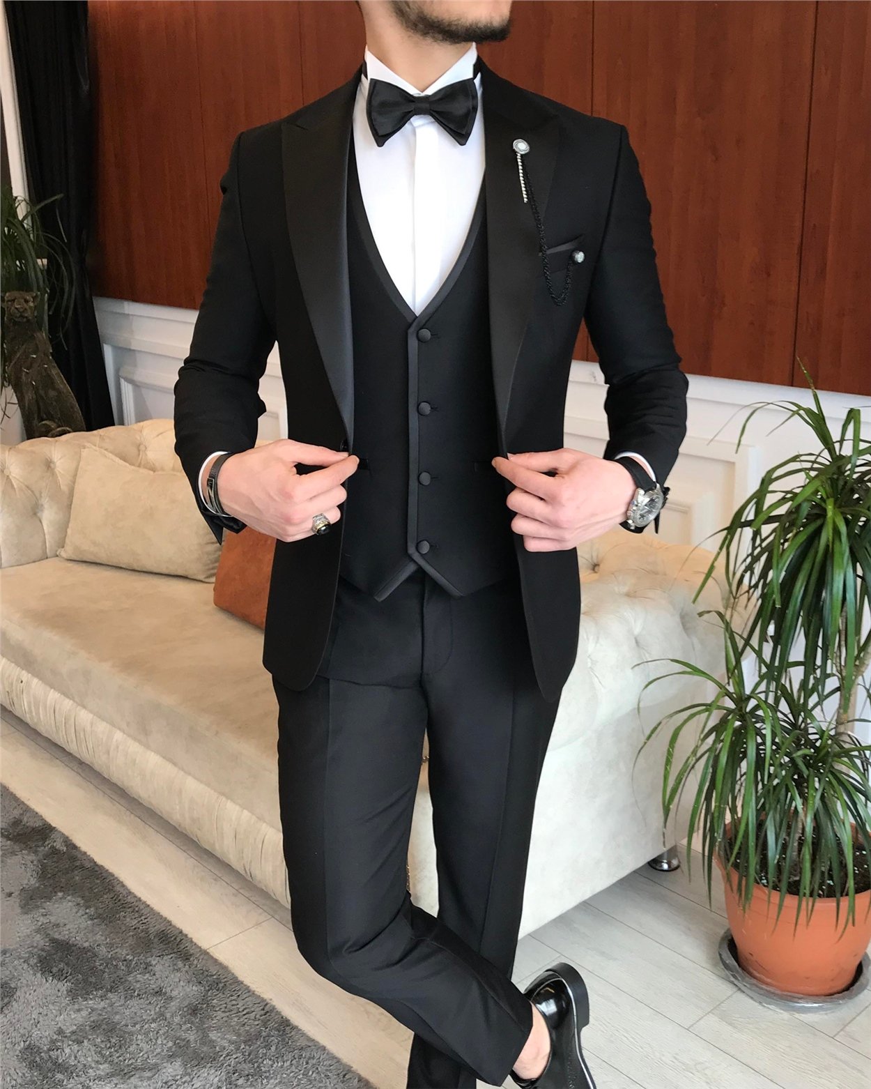 İtalyan kesim erkek damatlık takım elbise Siyah T7062