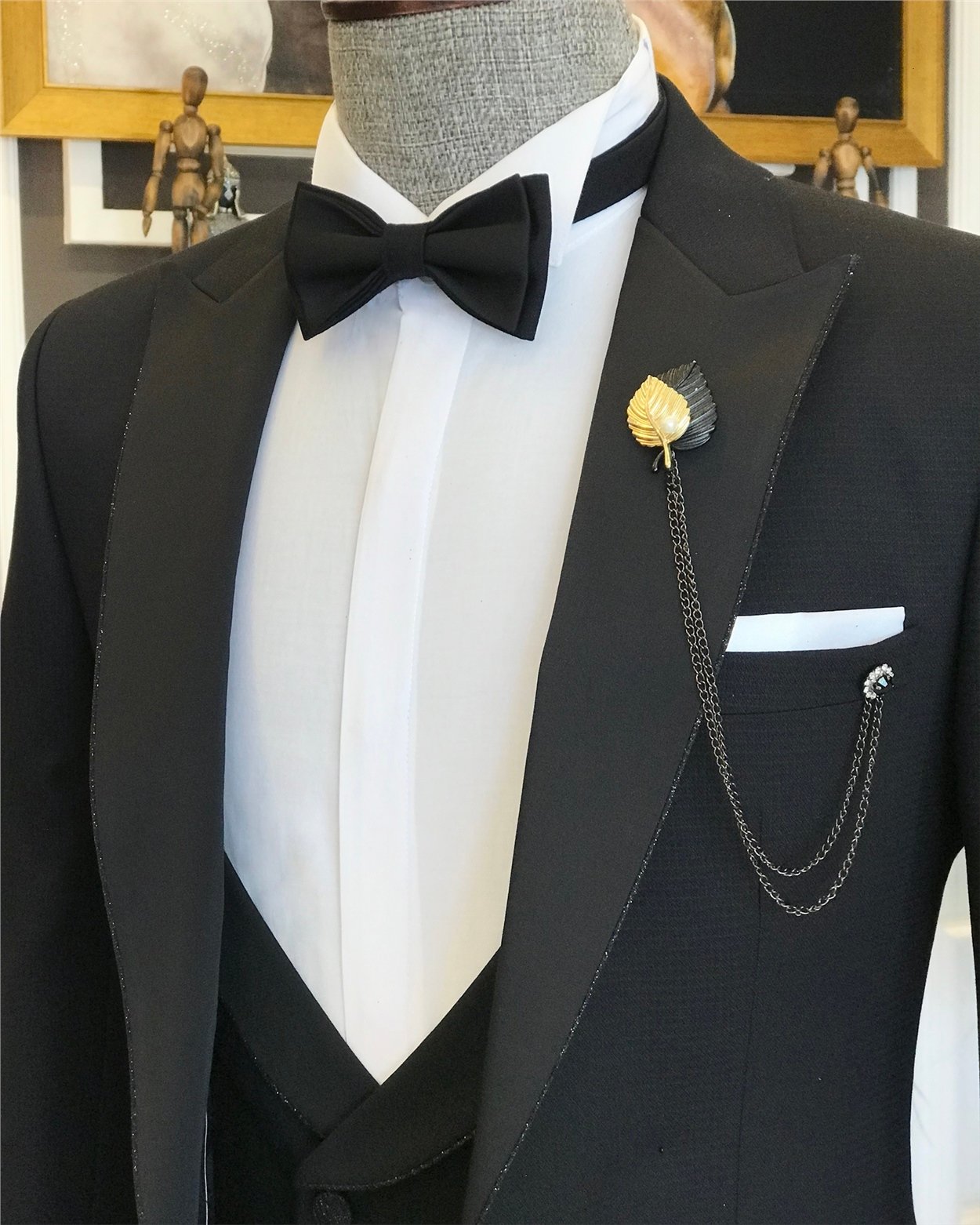 İtalyan kesim erkek ceket yelek pantolon damatlık set siyah T6313