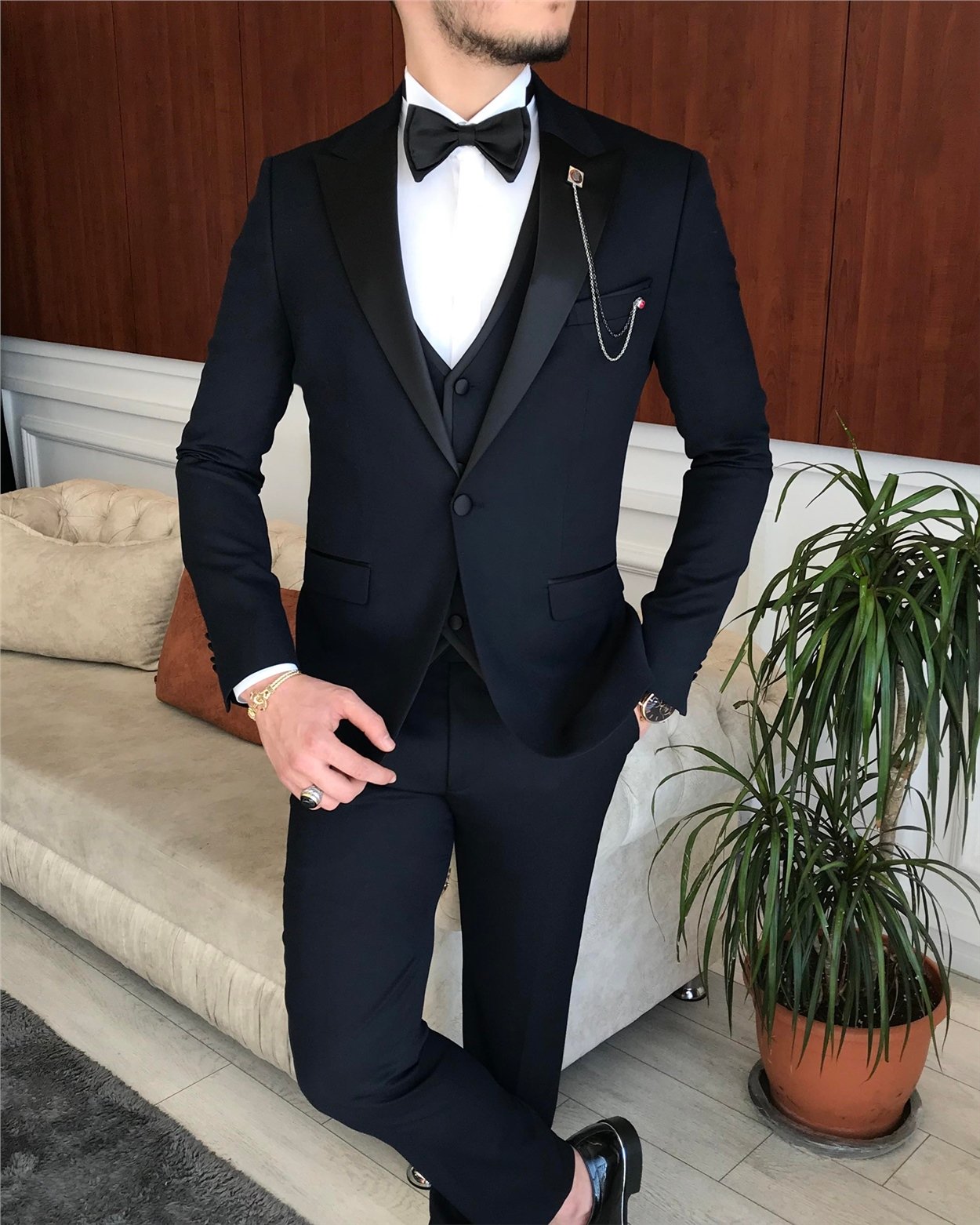 İtalyan kesim erkek ceket yelek pantolon damatlık set Lacivert T7061