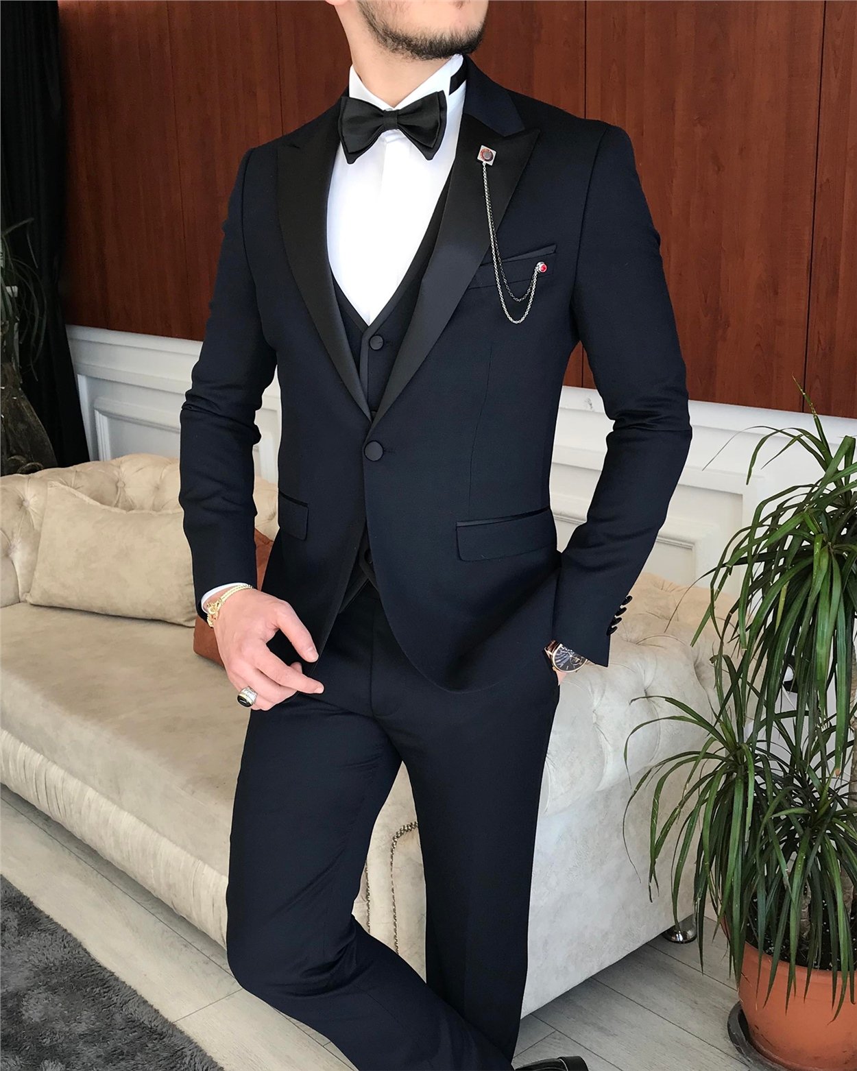 İtalyan kesim erkek ceket yelek pantolon damatlık set Lacivert T7061