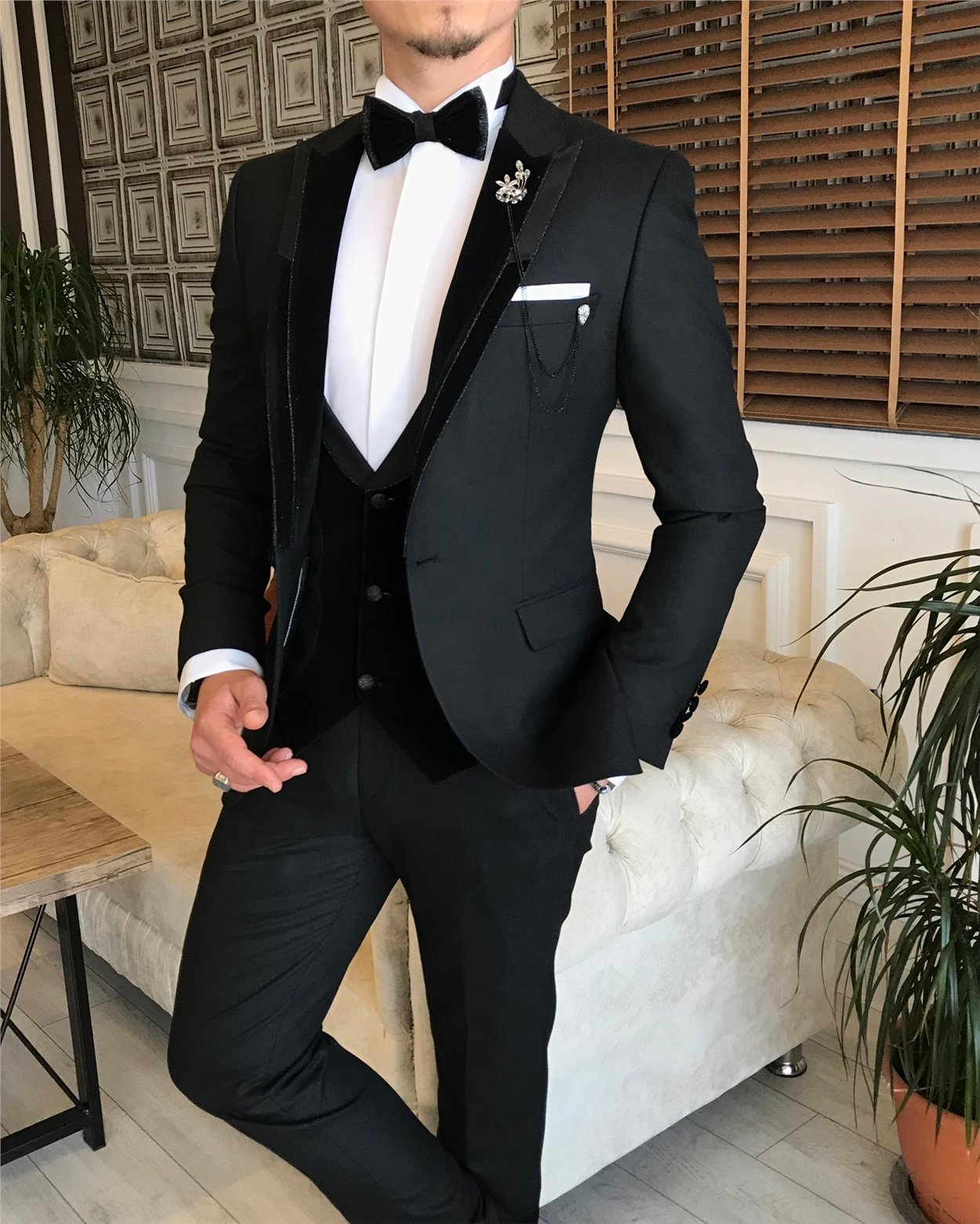 İtalyan kesim erkek ceket yelek pantolon damatlık set siyah T6015