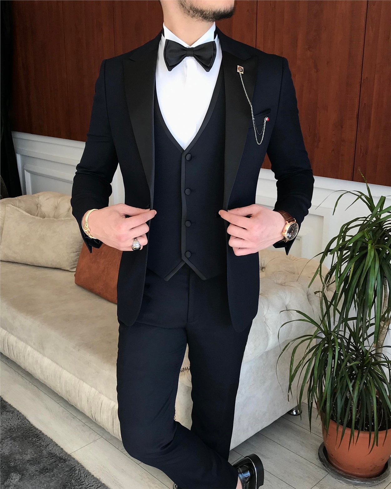 İtalyan kesim erkek ceket yelek pantolon damatlık set Lacivert T7061