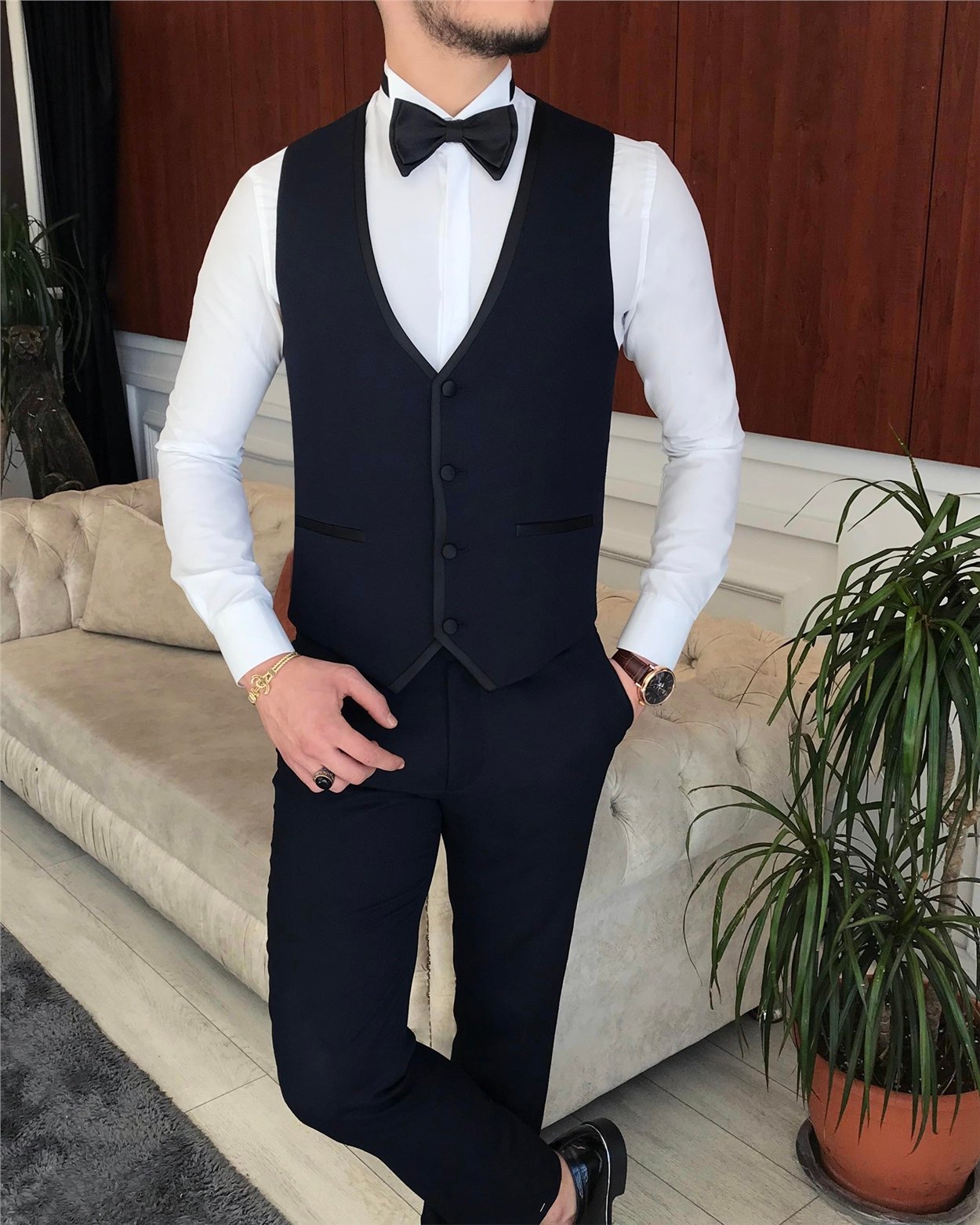 İtalyan kesim erkek ceket yelek pantolon damatlık set Lacivert T7061