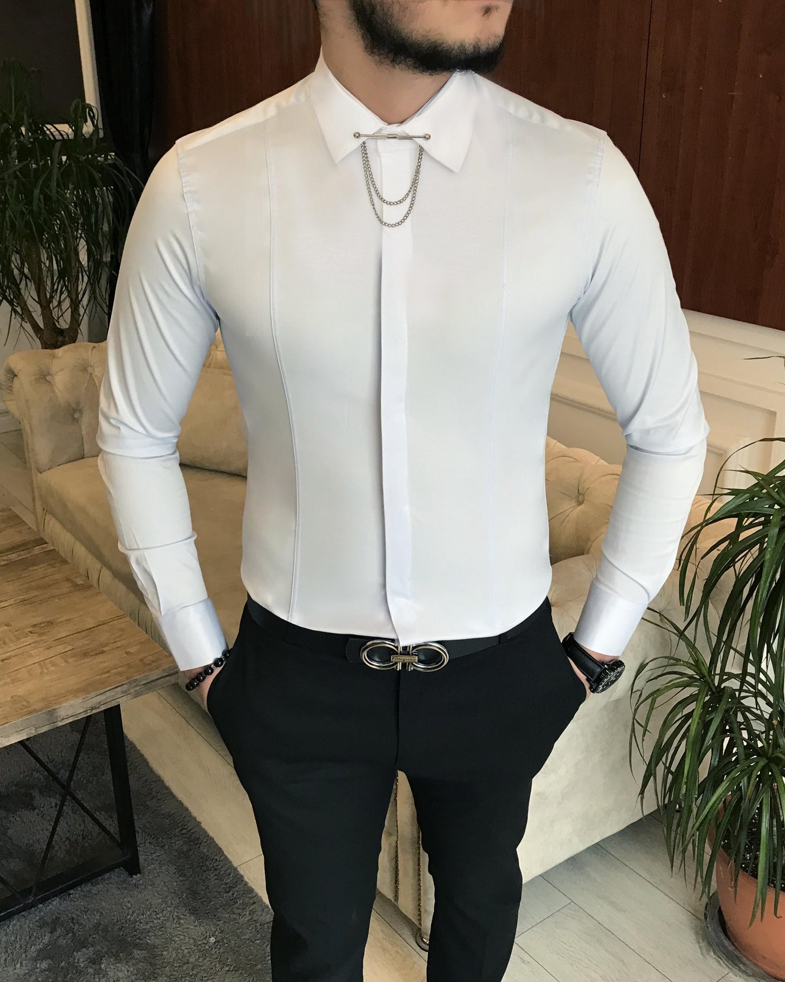İtalyan kesim slim erkek  saten buz mavisi zincirli gömlek T6792