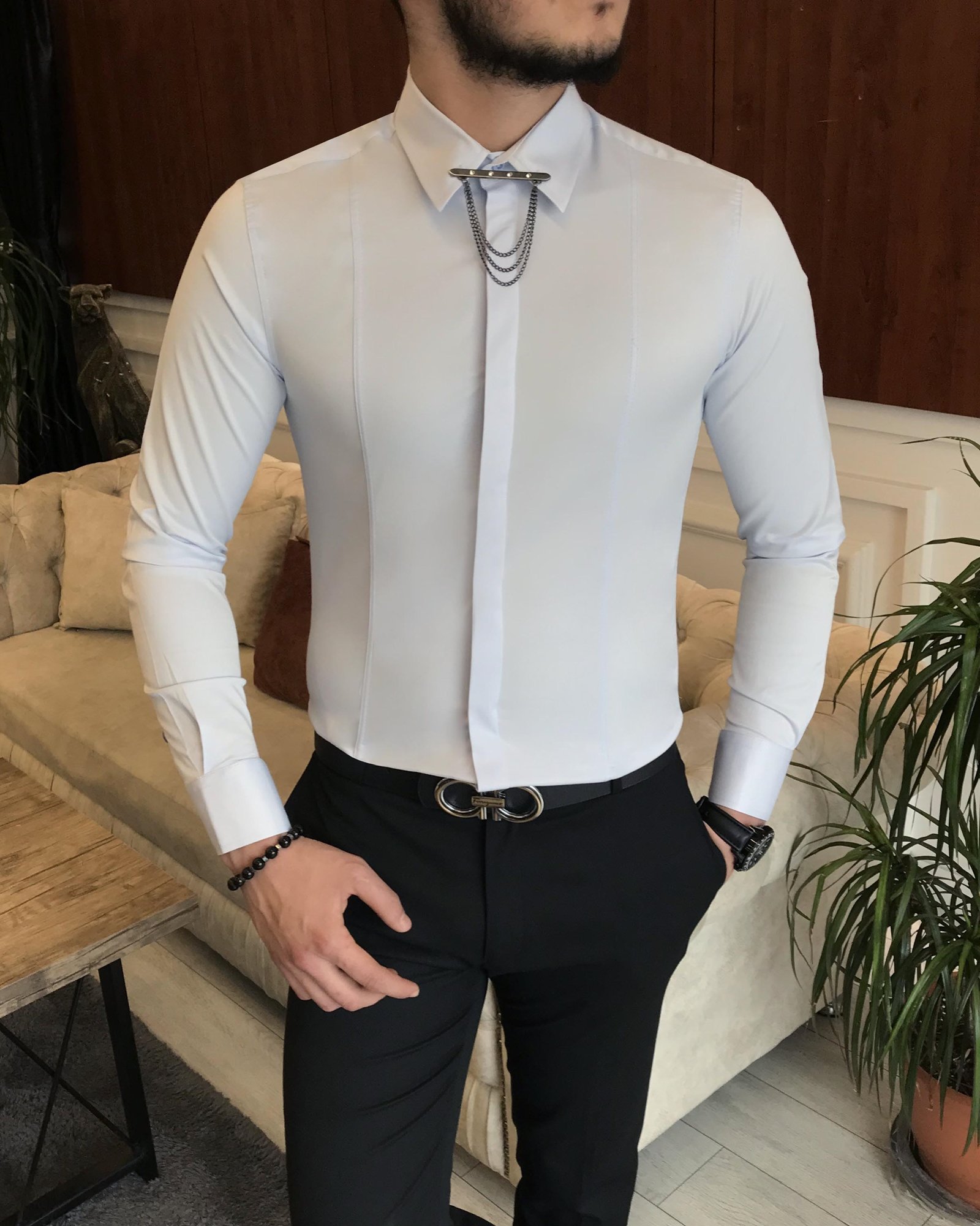 İtalyan kesim slim erkek  saten buz mavisi zincirli gömlek T6792