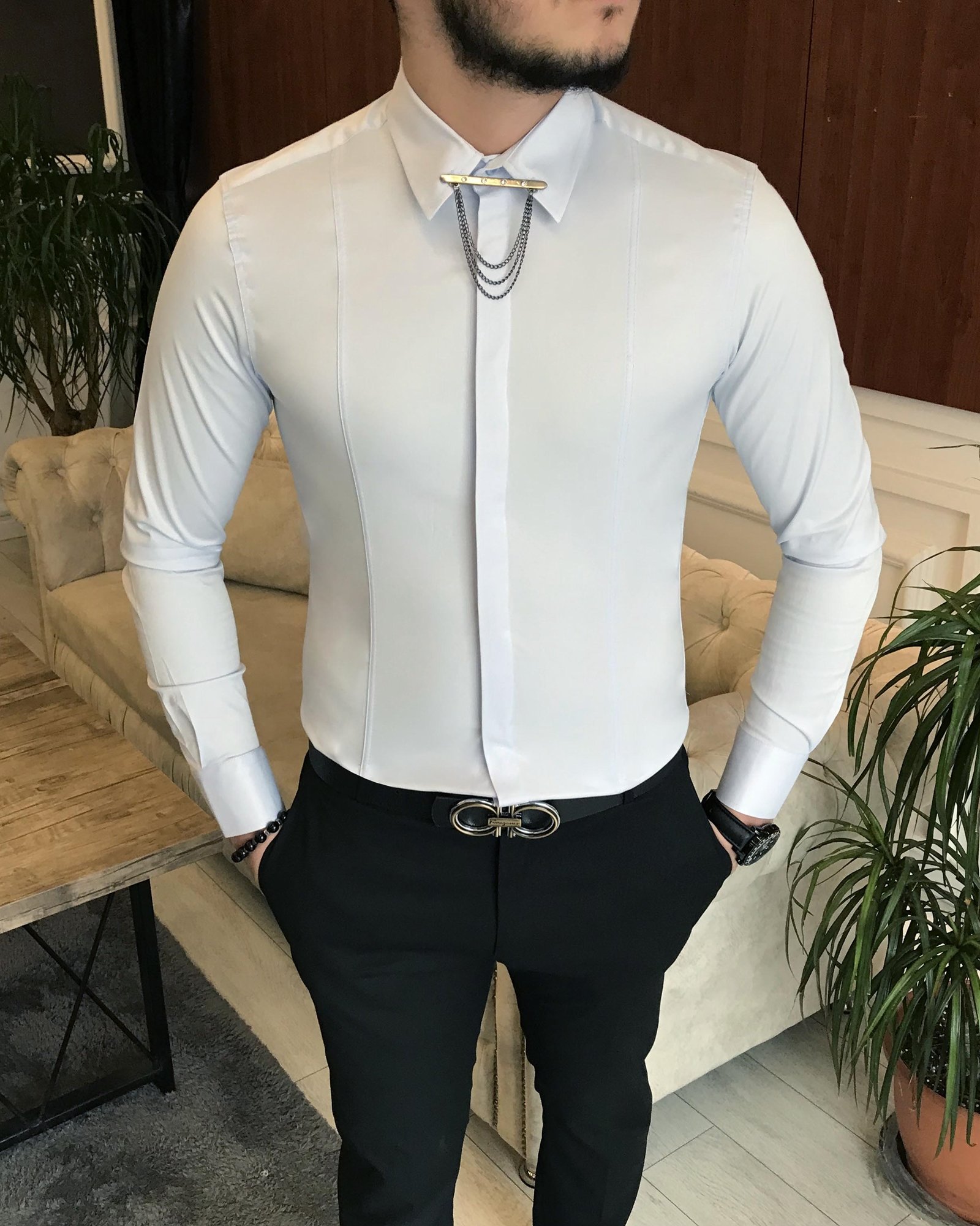 İtalyan kesim slim erkek  saten buz mavisi zincirli gömlek T6792
