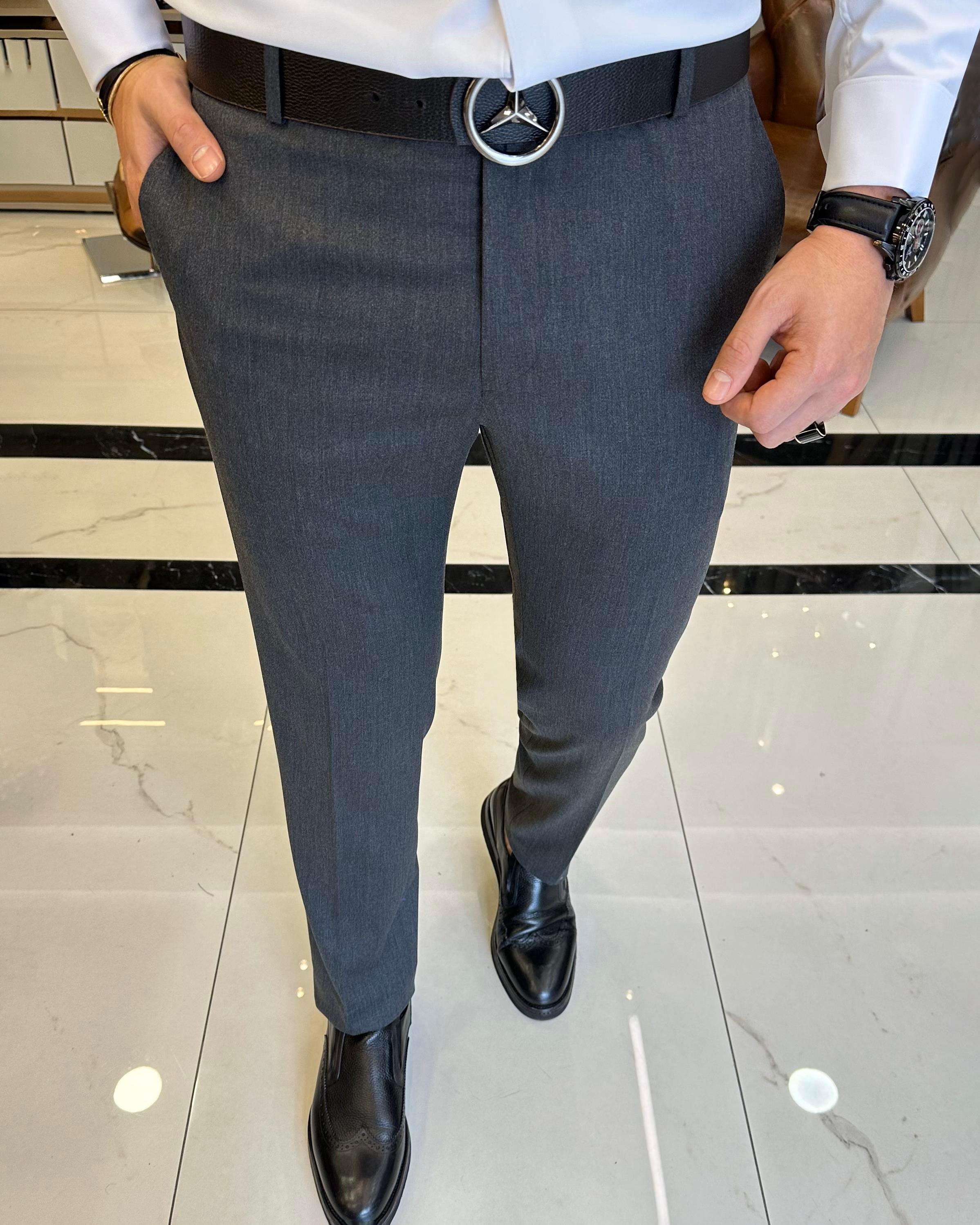 Italian Style Slim Fit Anthracite Fabric Pants T3485