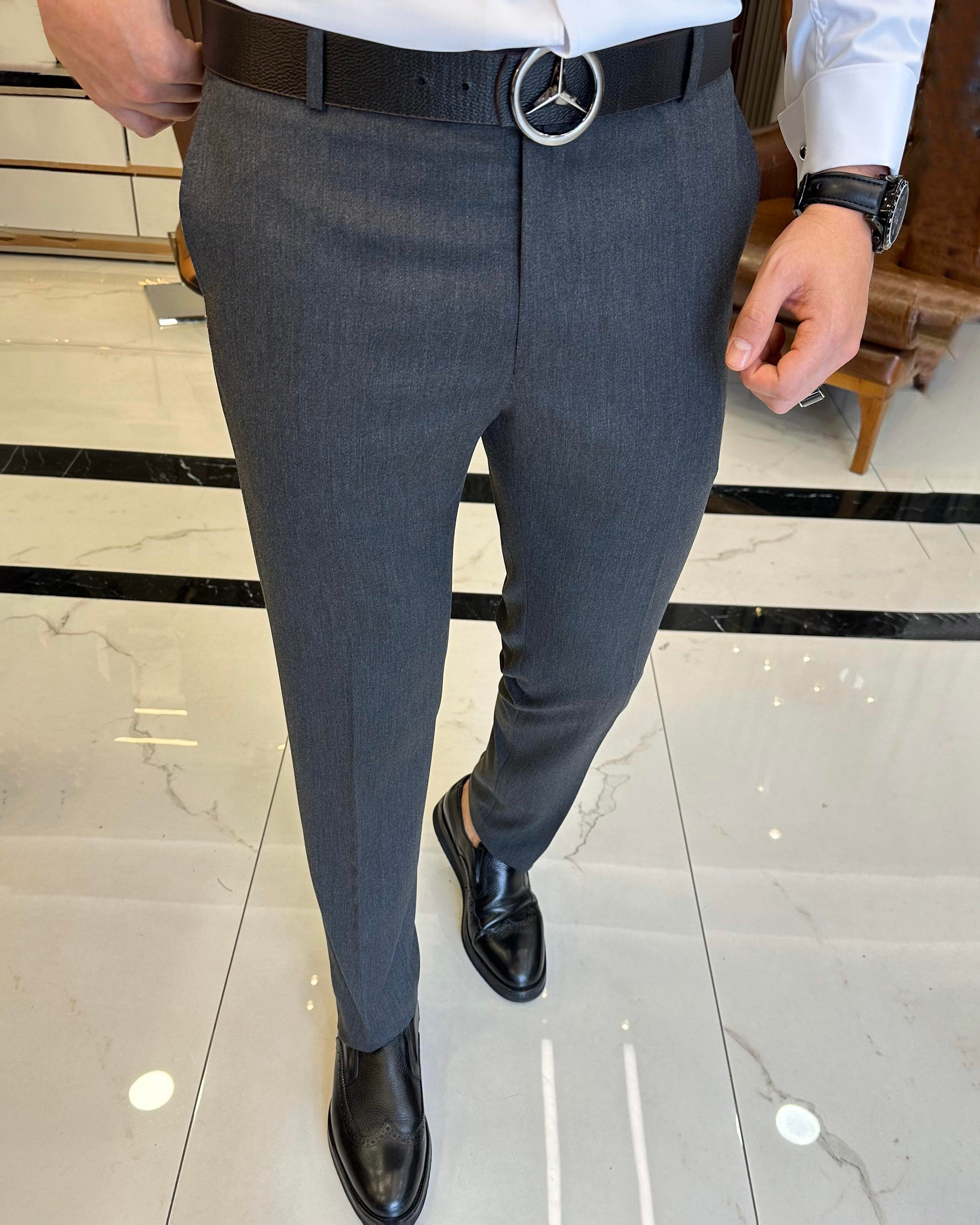 Italian Style Slim Fit Anthracite Fabric Pants T3485