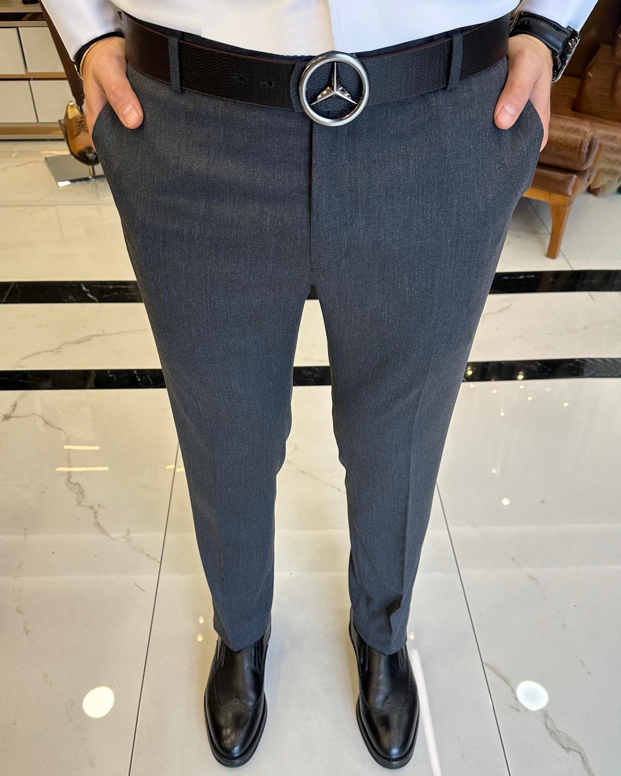 Italian Style Slim Fit Anthracite Fabric Pants T3485