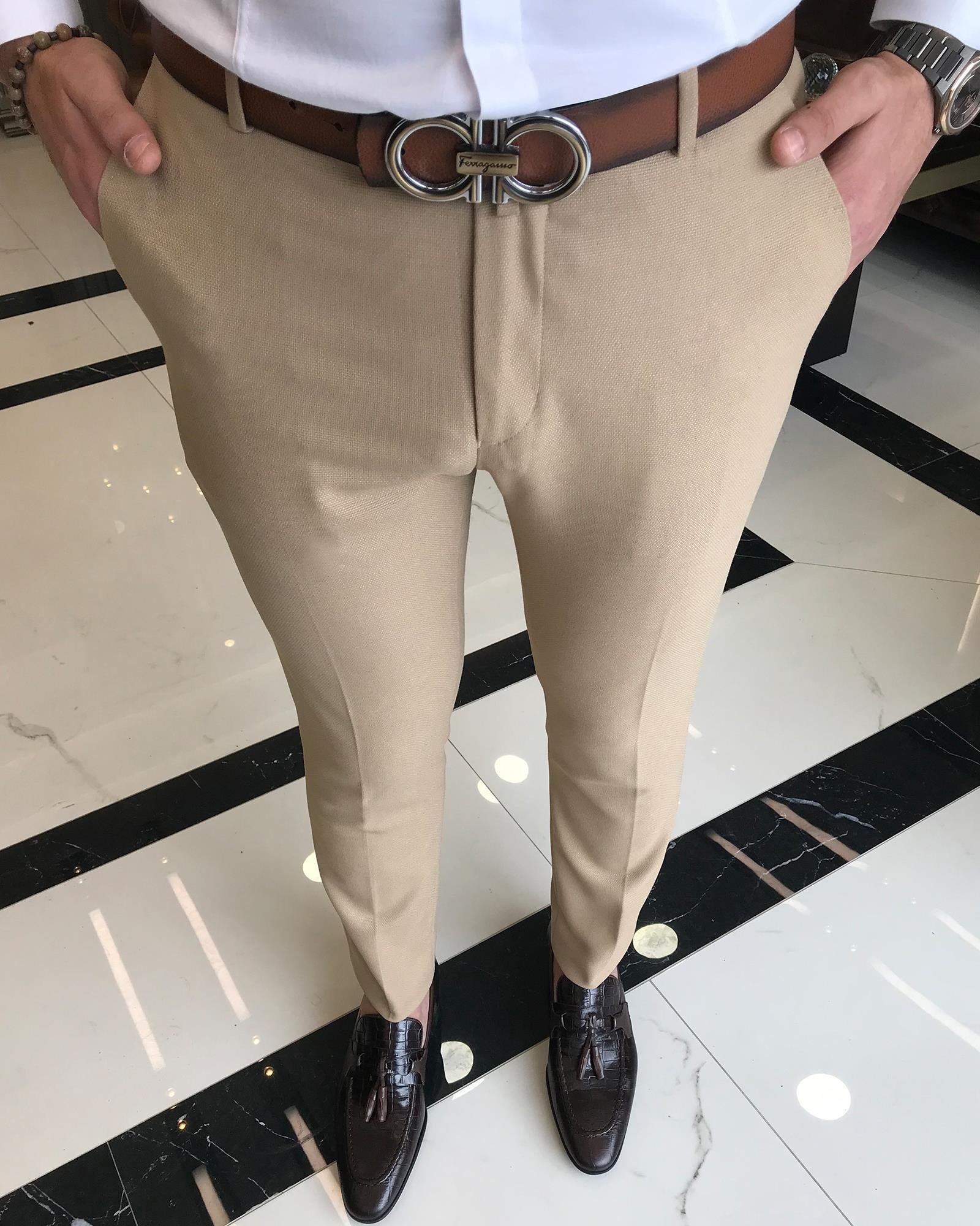italyan kesim slim fit armür desen erkek pantolon camel T9453