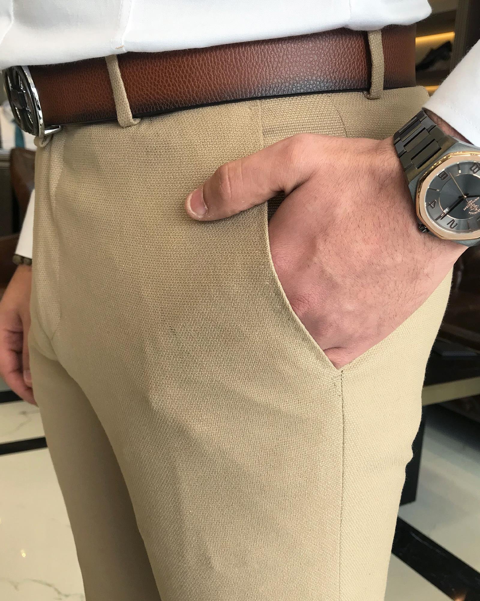italyan kesim slim fit armür desen erkek pantolon camel T9453