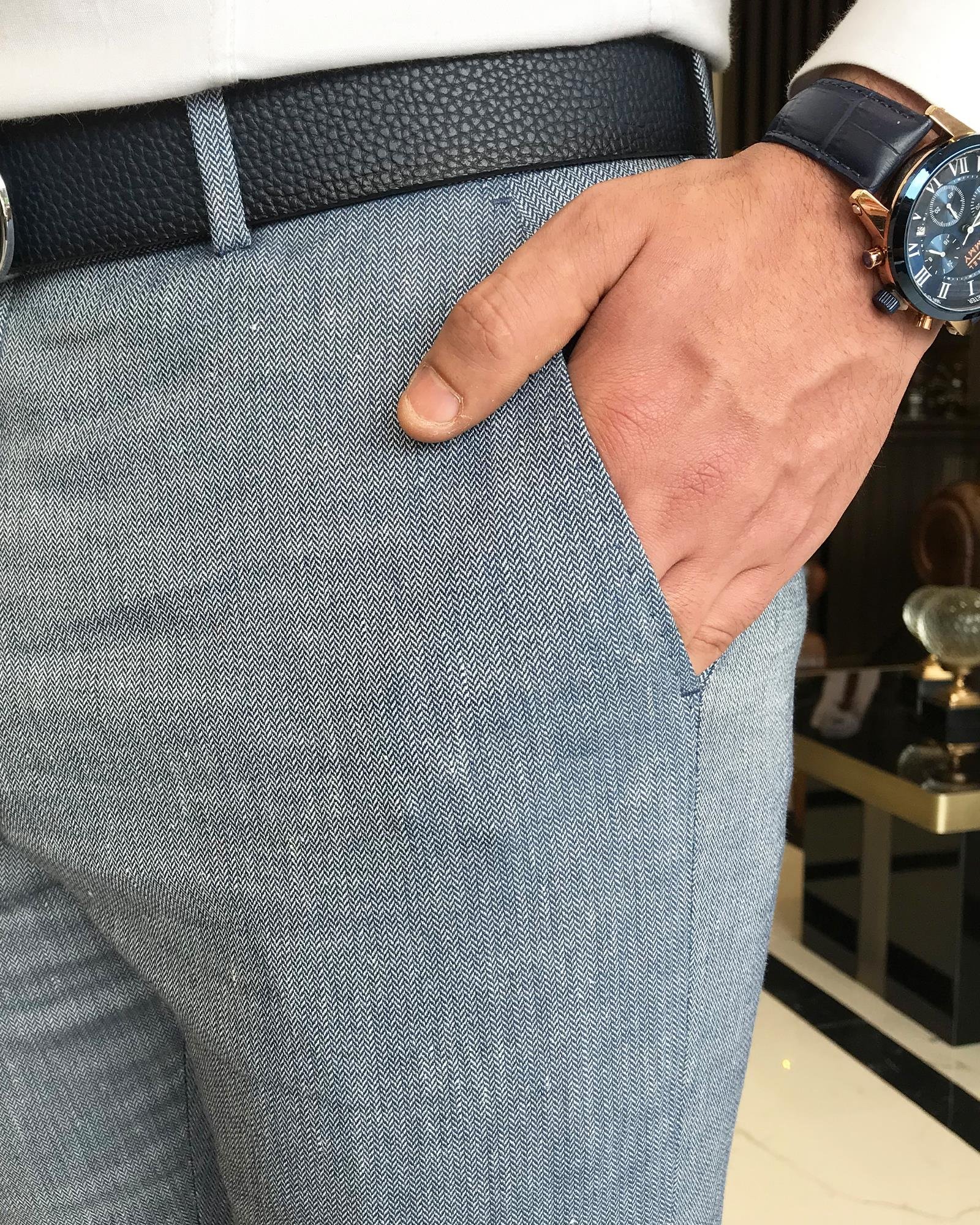 italyan kesim slim fit balıksırtı desen erkek pantolon mavi T9460