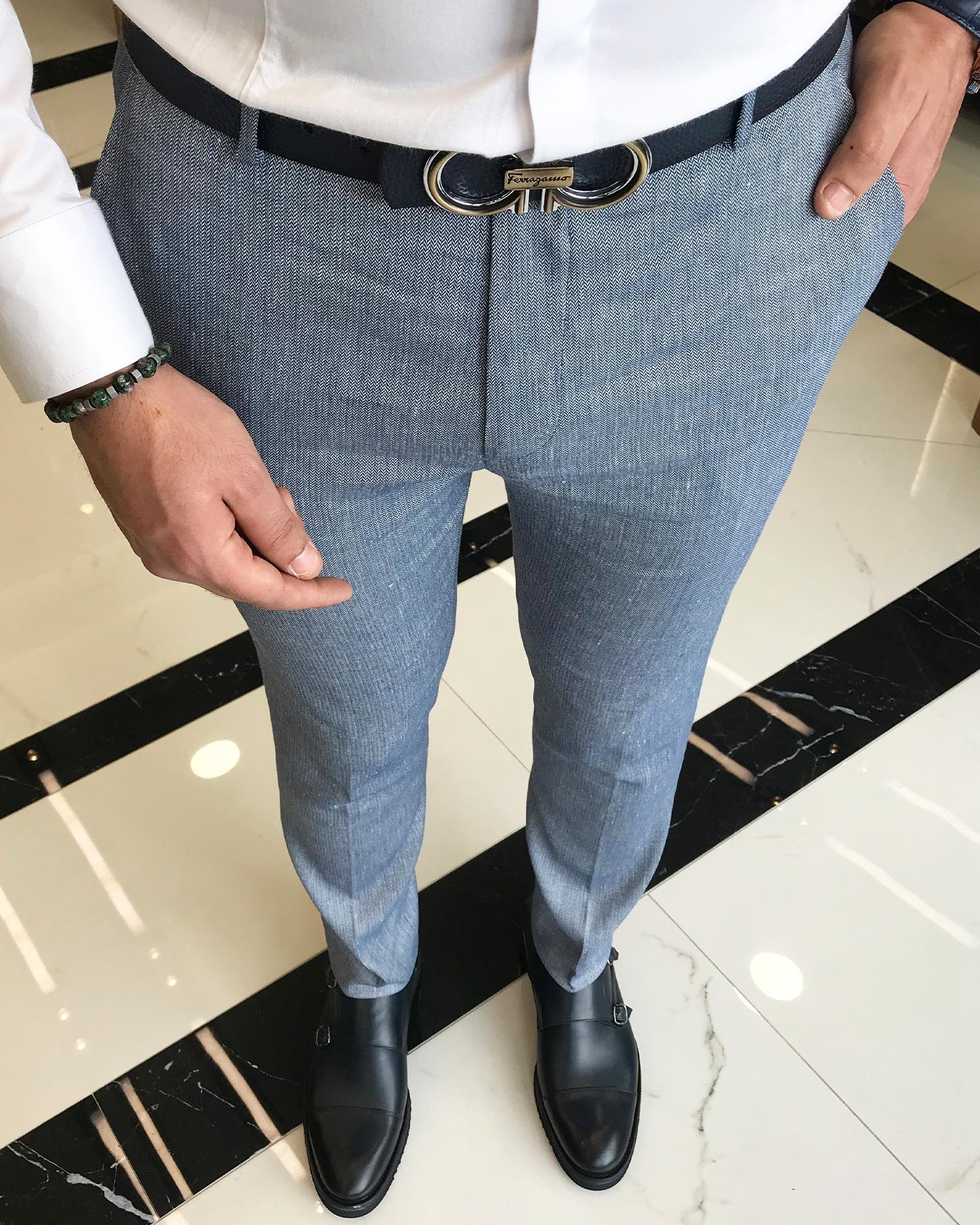 italyan kesim slim fit balıksırtı desen erkek pantolon mavi T9460
