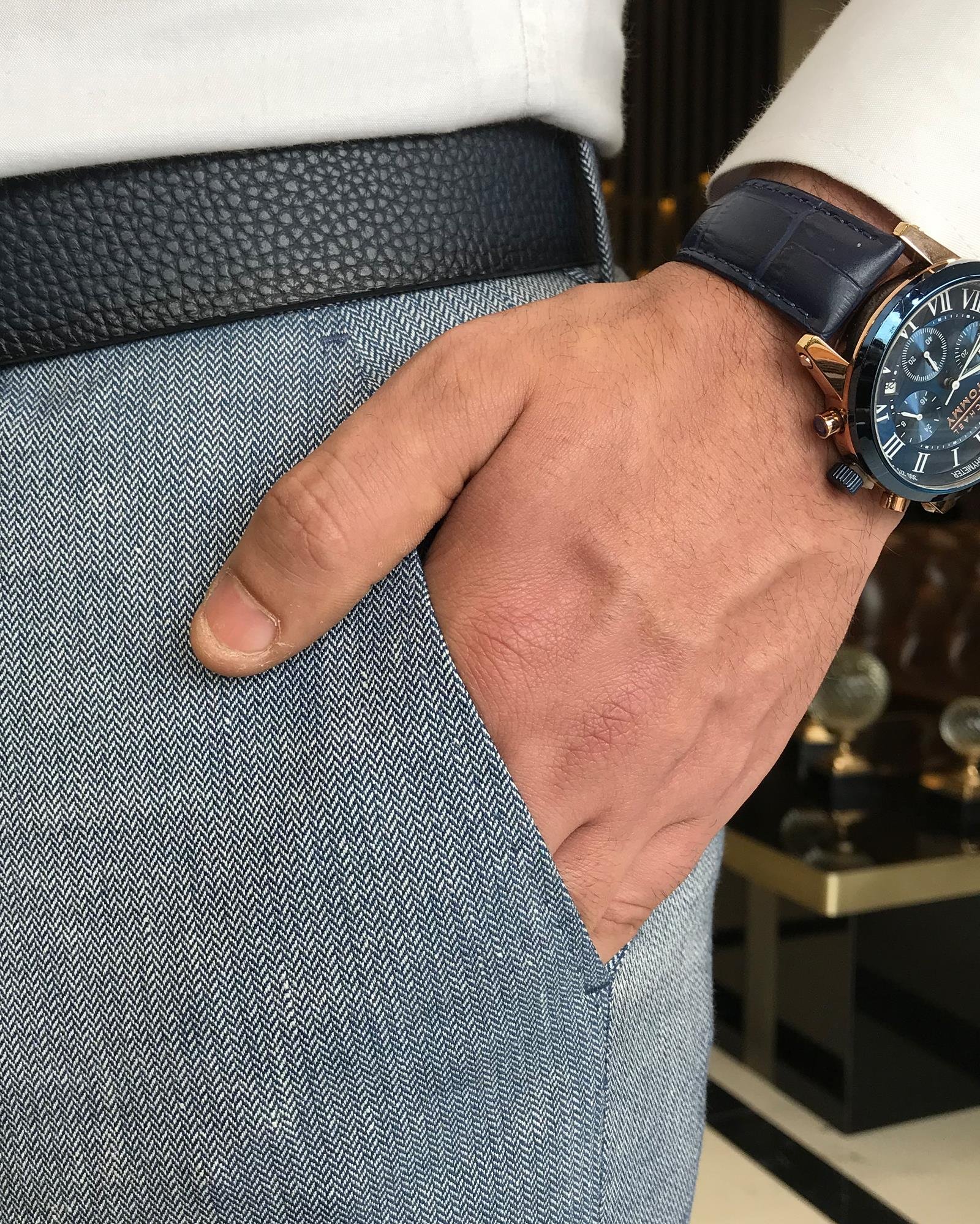 italyan kesim slim fit balıksırtı desen erkek pantolon mavi T9460