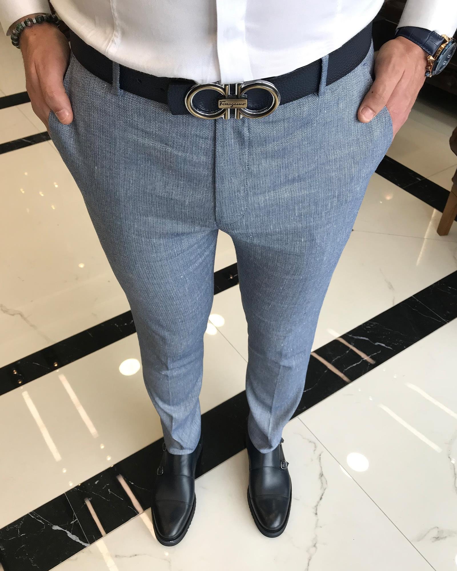 italyan kesim slim fit balıksırtı desen erkek pantolon mavi T9460