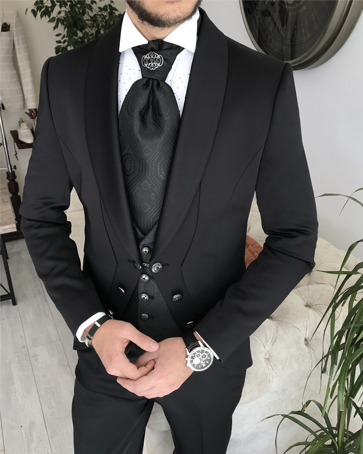 İtalyan kesim slim fit ceket yelek pantolon damatlık set Siyah T8230