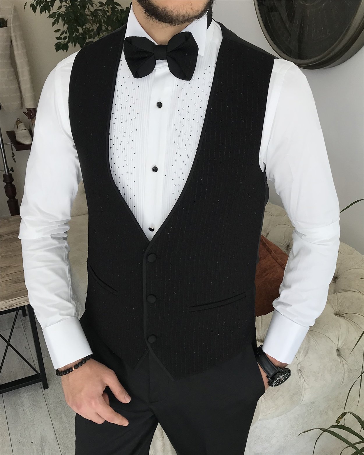 İtalyan kesim slim fit ceket yelek pantolon damatlık set Siyah T8221