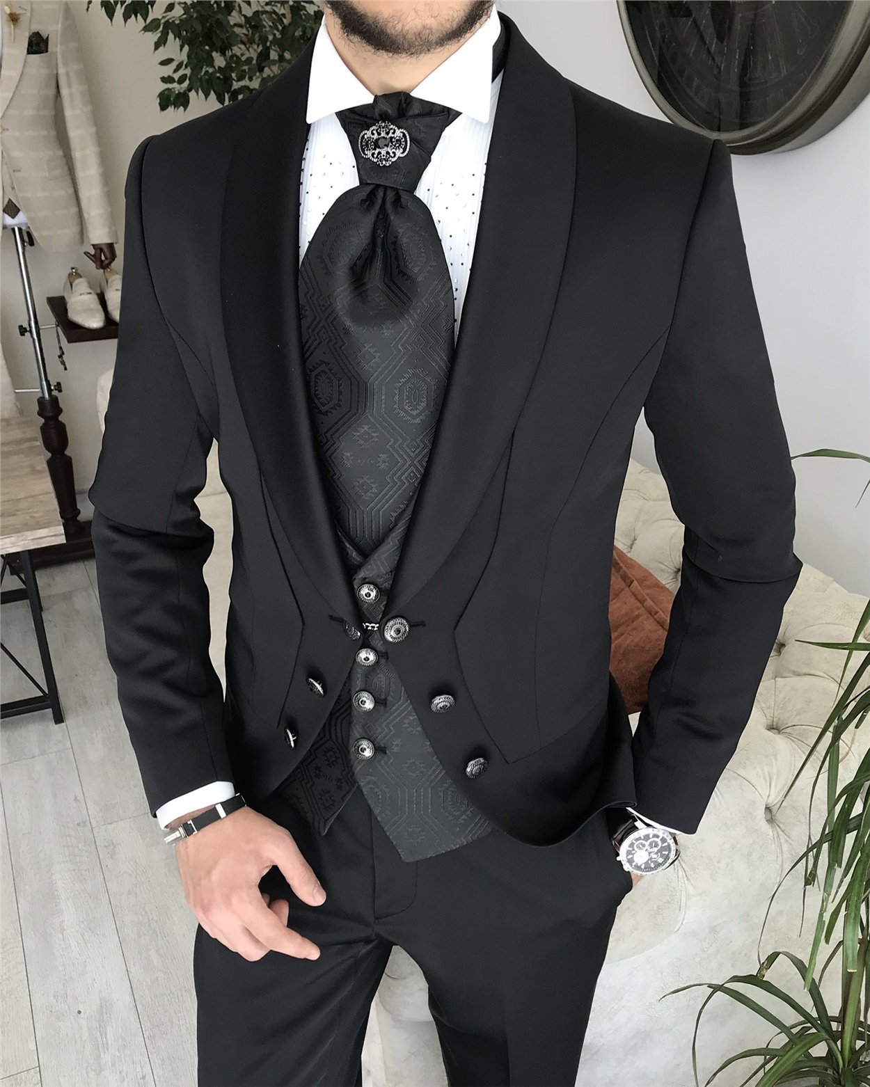 İtalyan kesim slim fit ceket yelek pantolon damatlık set Siyah T8230