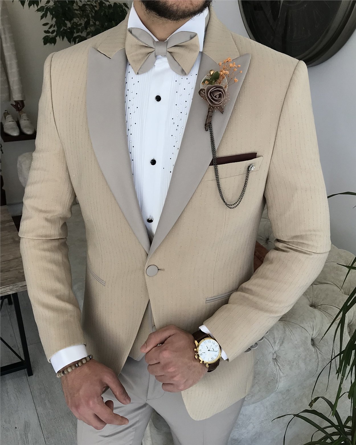 İtalyan kesim slim fit ceket yelek pantolon damatlık set Bej T8220