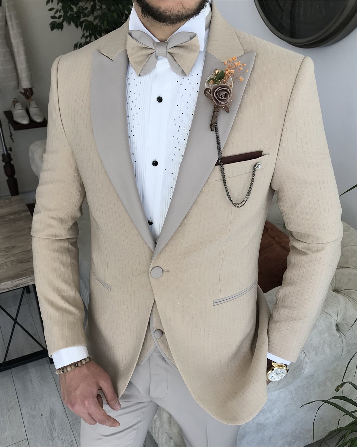 İtalyan kesim slim fit ceket yelek pantolon damatlık set Bej T8220