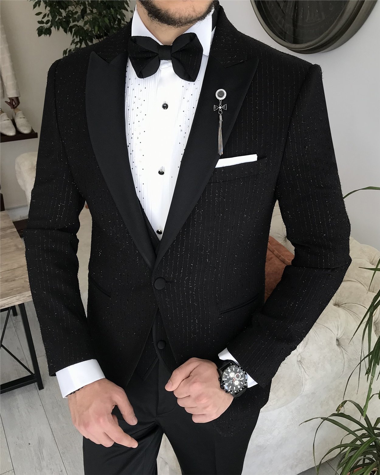 İtalyan kesim slim fit ceket yelek pantolon damatlık set Siyah T8221