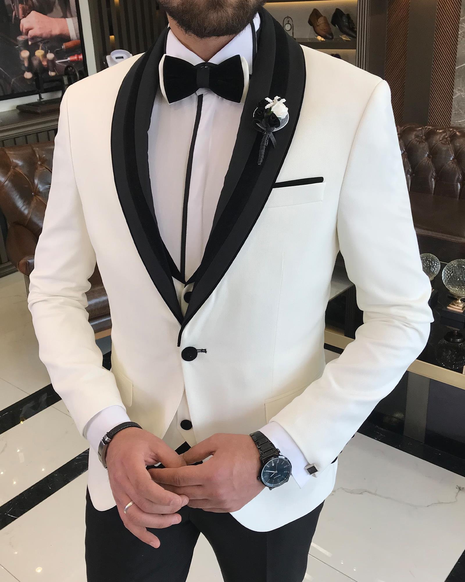 Italian cut slim fit jacket vest trousers groom suit set white T9504