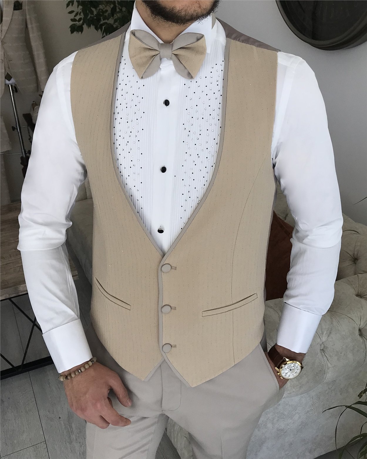 İtalyan kesim slim fit ceket yelek pantolon damatlık set Bej T8220