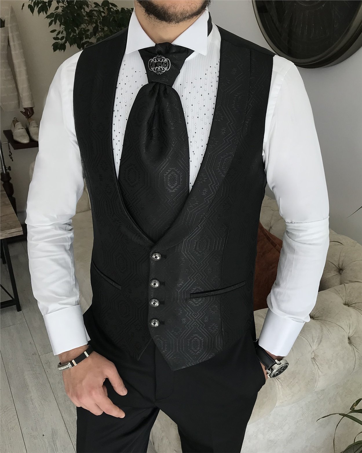 İtalyan kesim slim fit ceket yelek pantolon damatlık set Siyah T8230