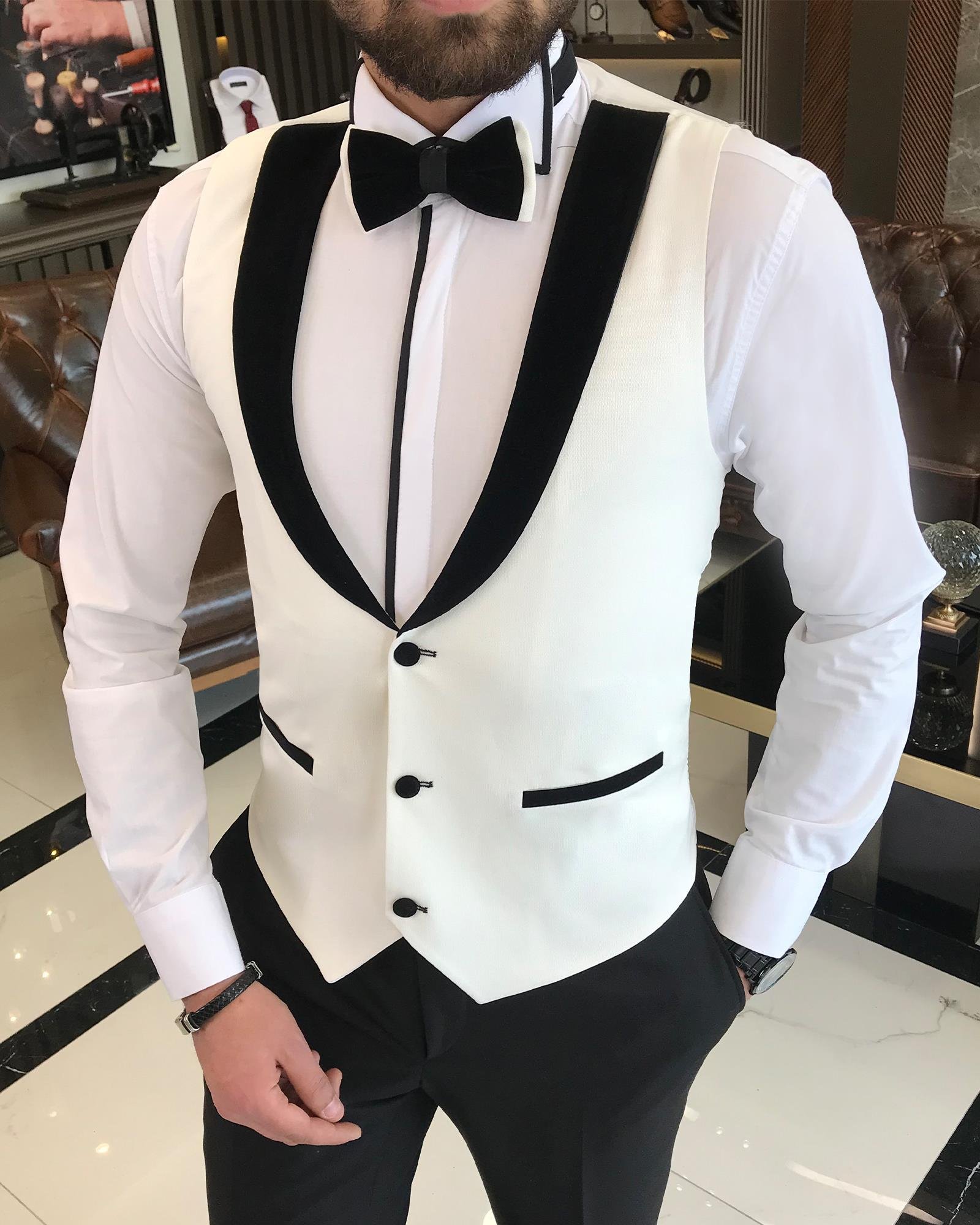 Italian cut slim fit jacket vest trousers groom suit set white T9504