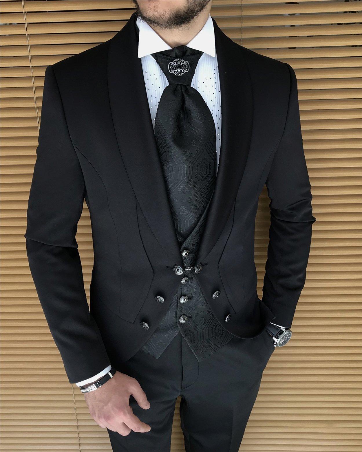 İtalyan kesim slim fit ceket yelek pantolon damatlık set Siyah T8230