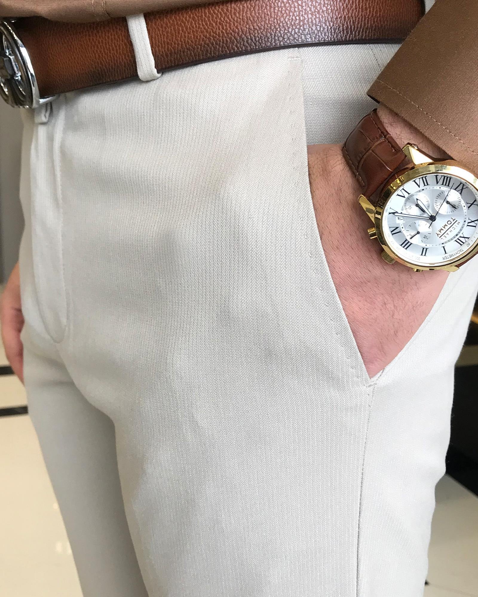 italyan kesim slim fit çizgili erkek pantolon bej T9438