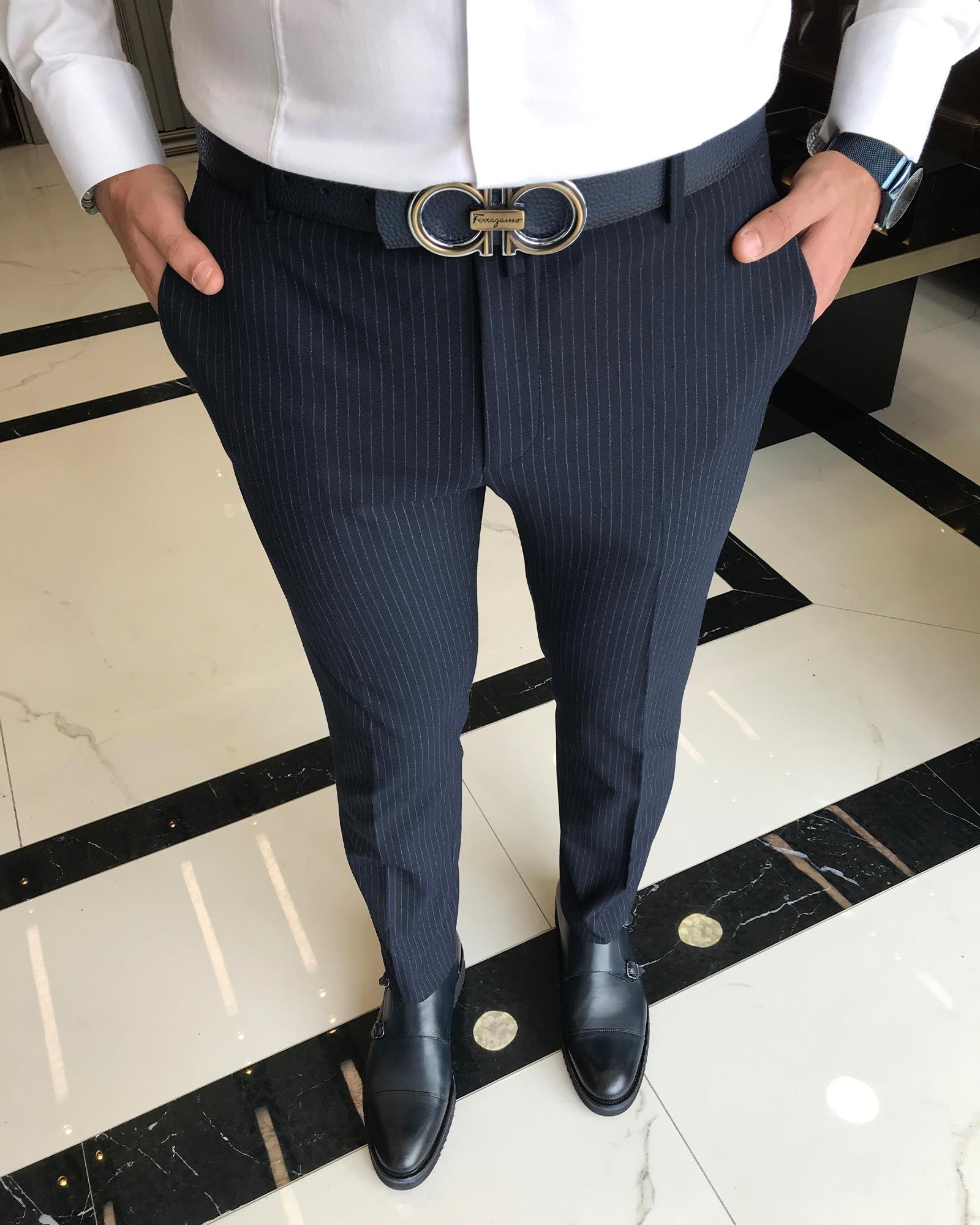 italyan kesim slim fit çizgili erkek pantolon lacivert T9437