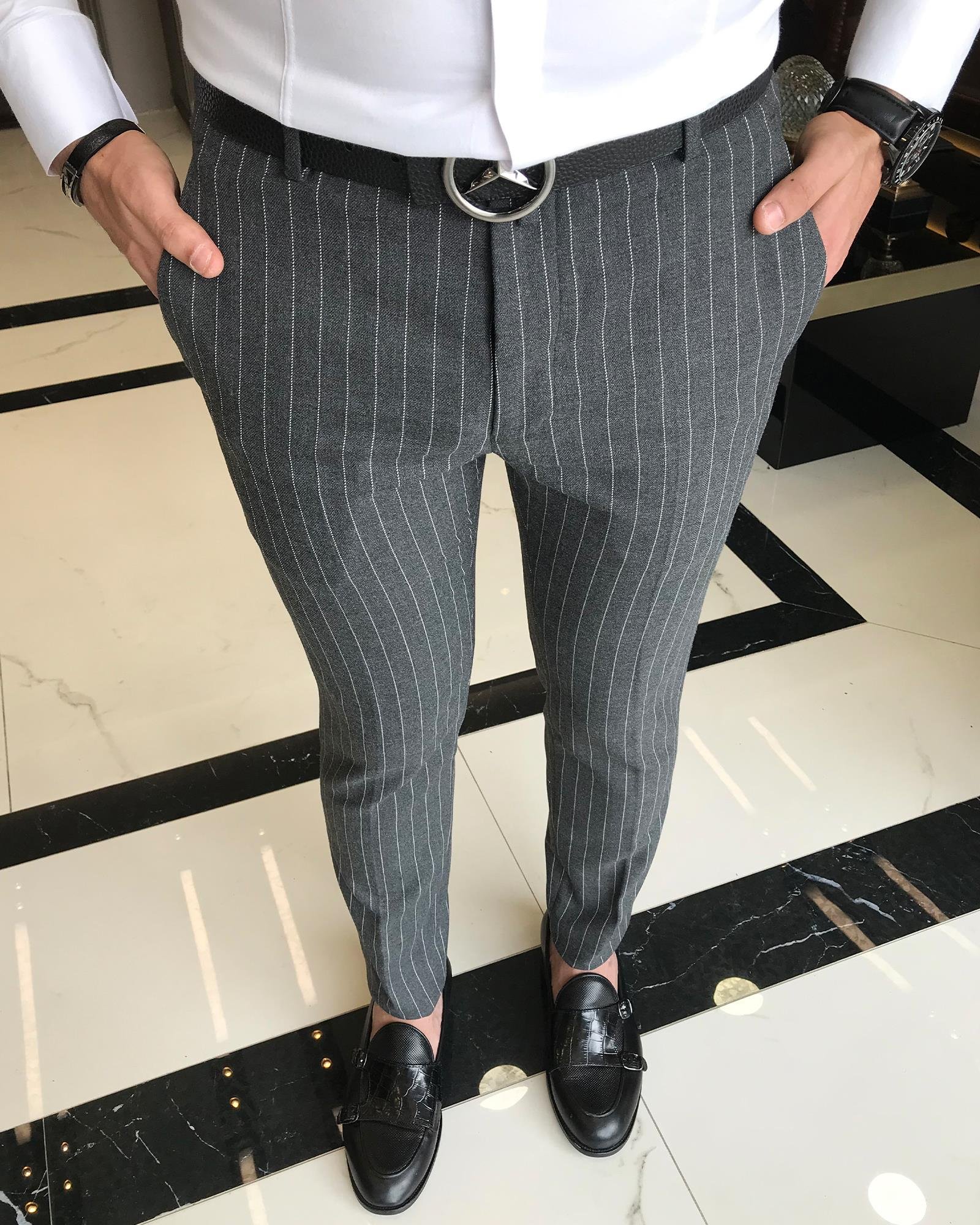 italyan kesim slim fit çizgili erkek pantolon gri T9434