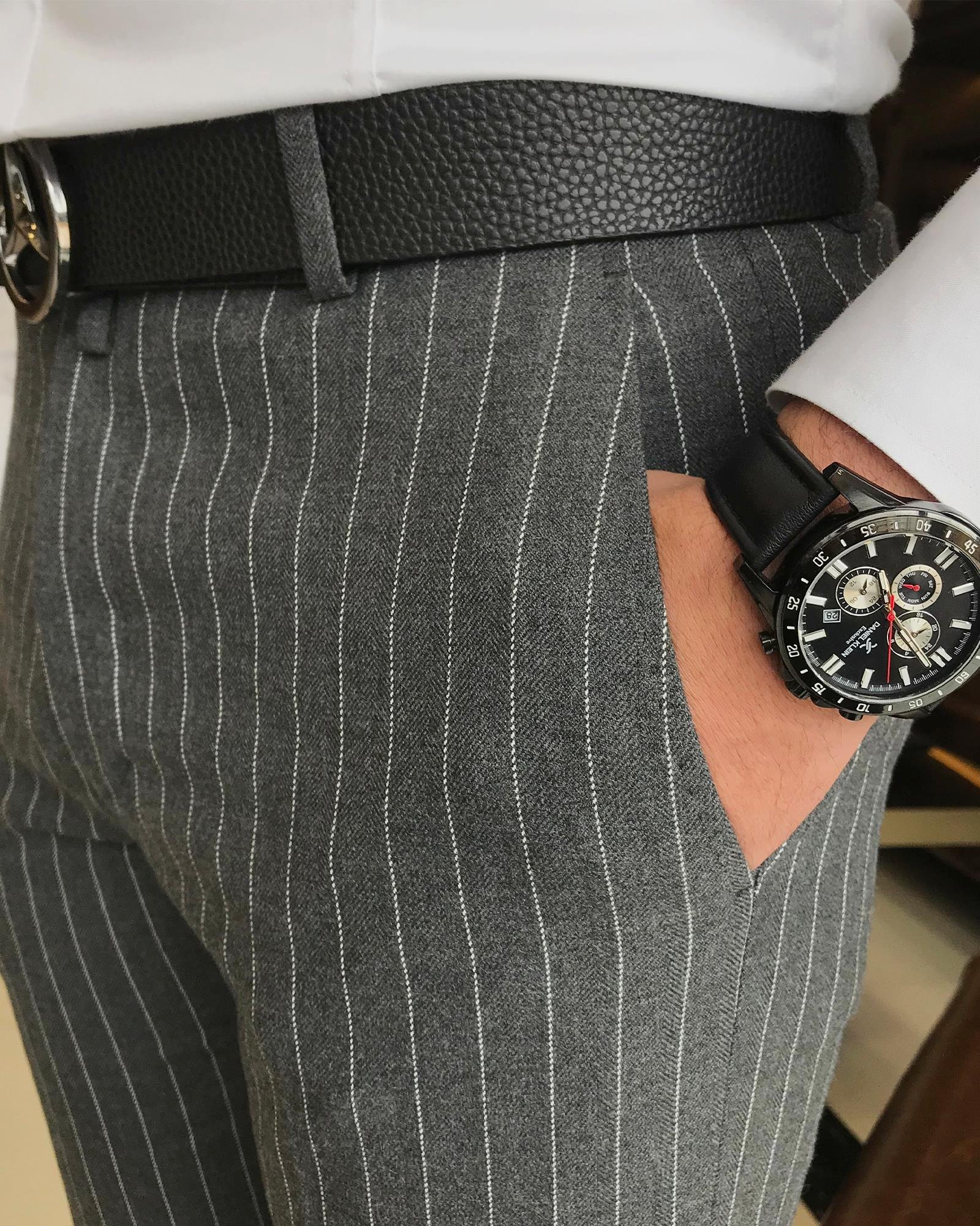 italyan kesim slim fit çizgili erkek pantolon gri T9434