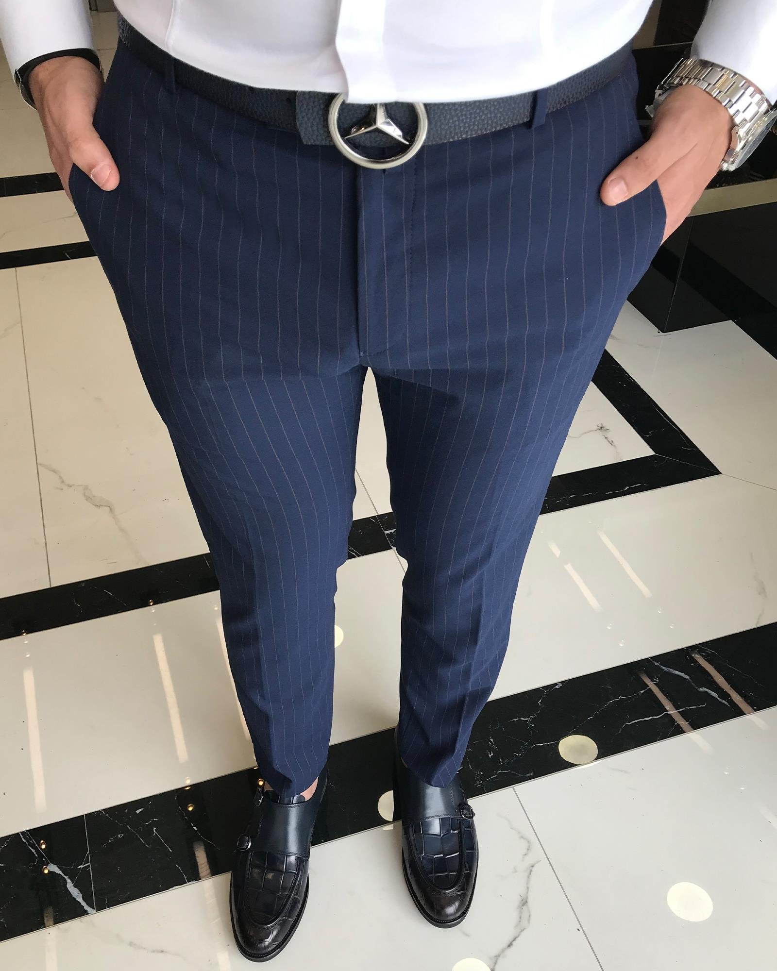 italyan kesim slim fit çizgili erkek pantolon lacivert T9439