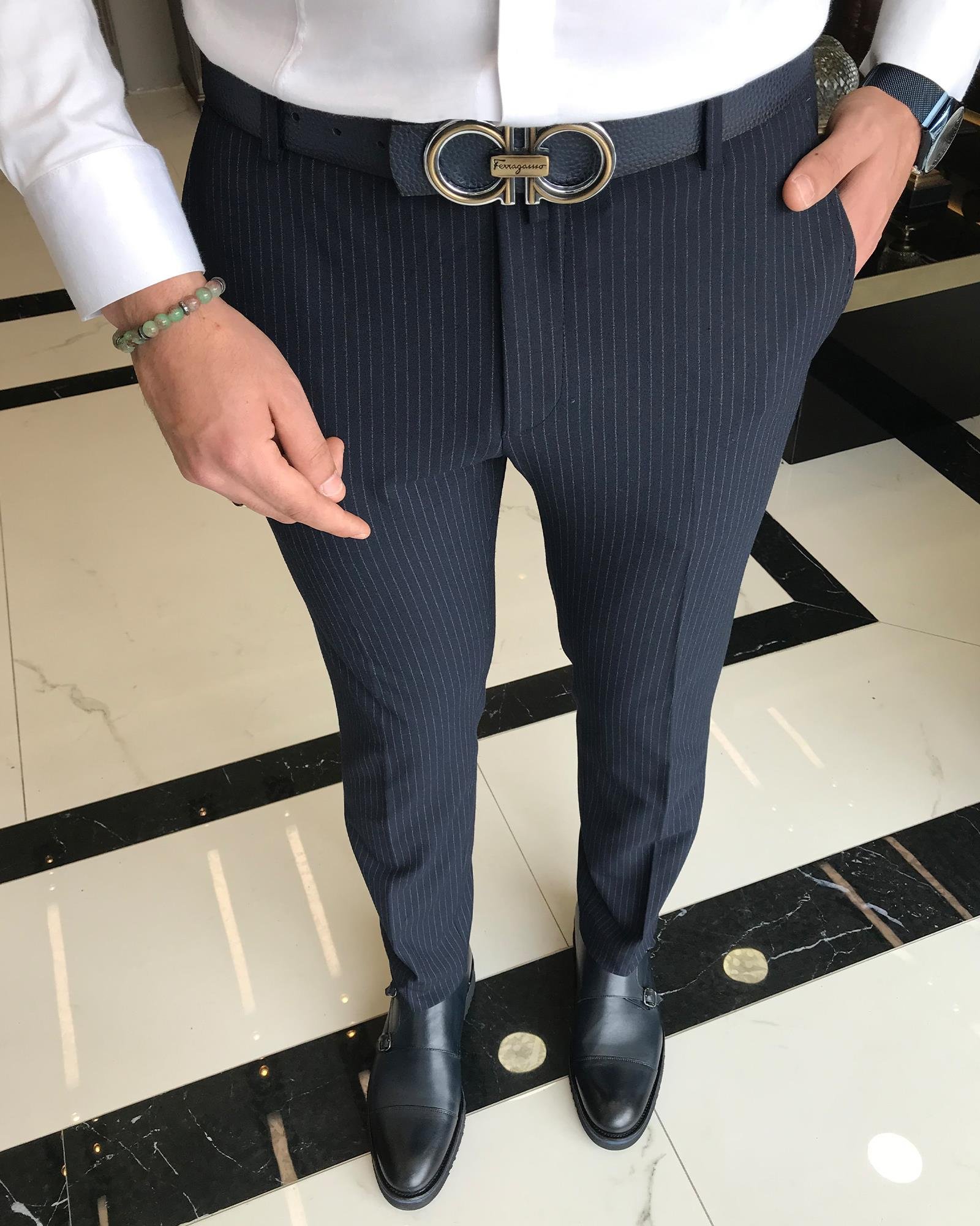 italyan kesim slim fit çizgili erkek pantolon lacivert T9437
