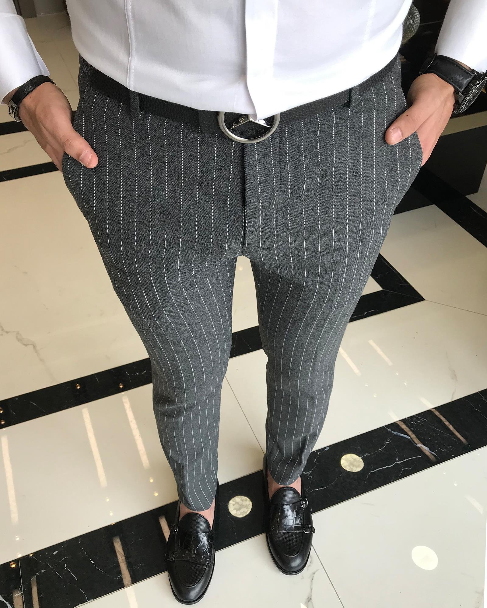 italyan kesim slim fit çizgili erkek pantolon gri T9434