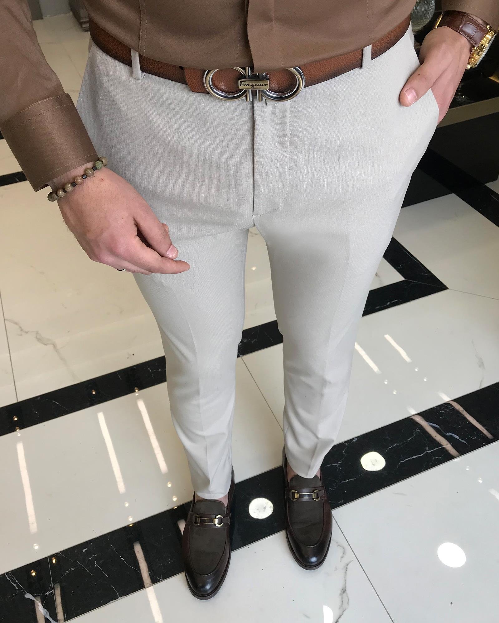 italyan kesim slim fit çizgili erkek pantolon bej T9438