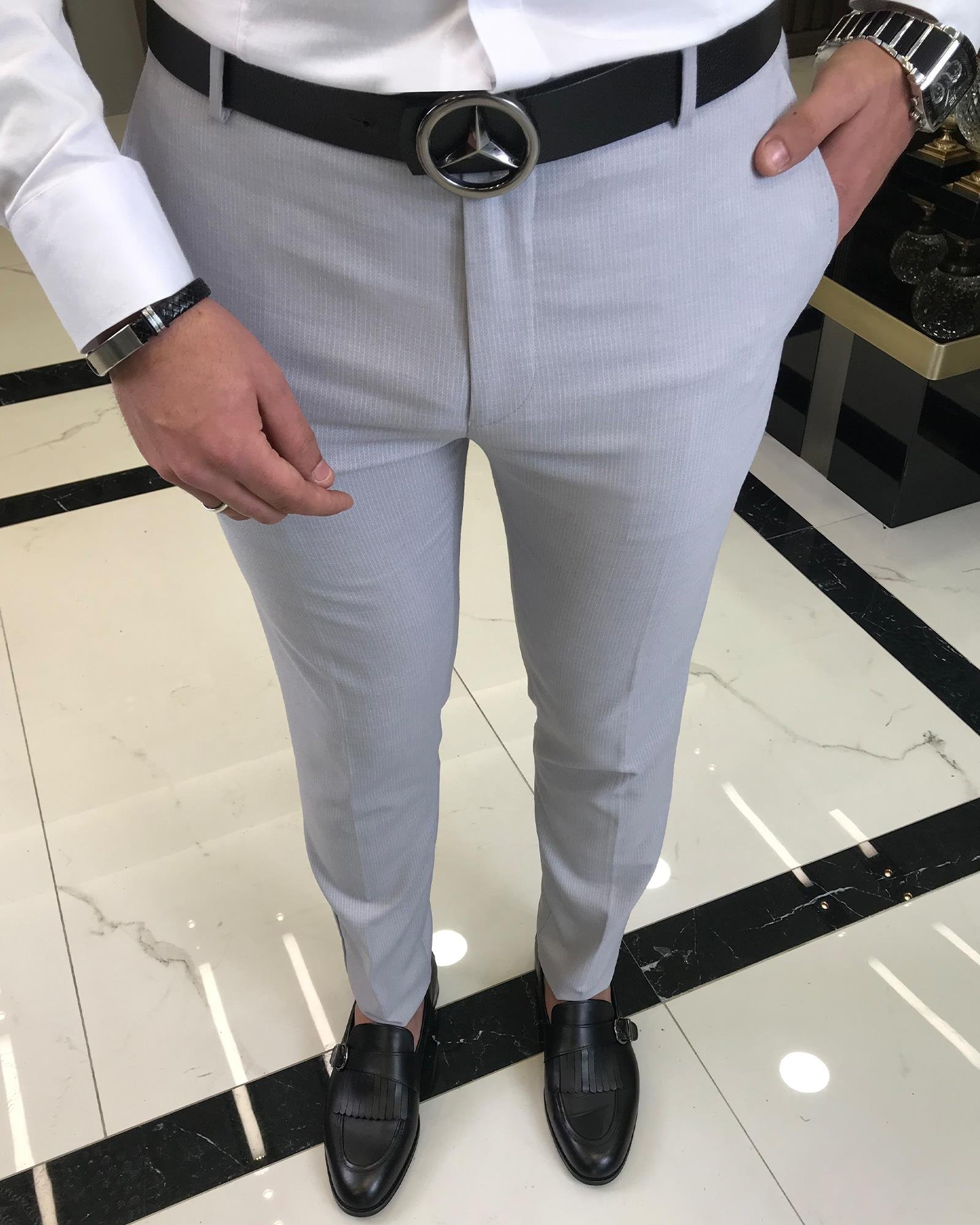 italian slim fit striped men's trousers gray T9433