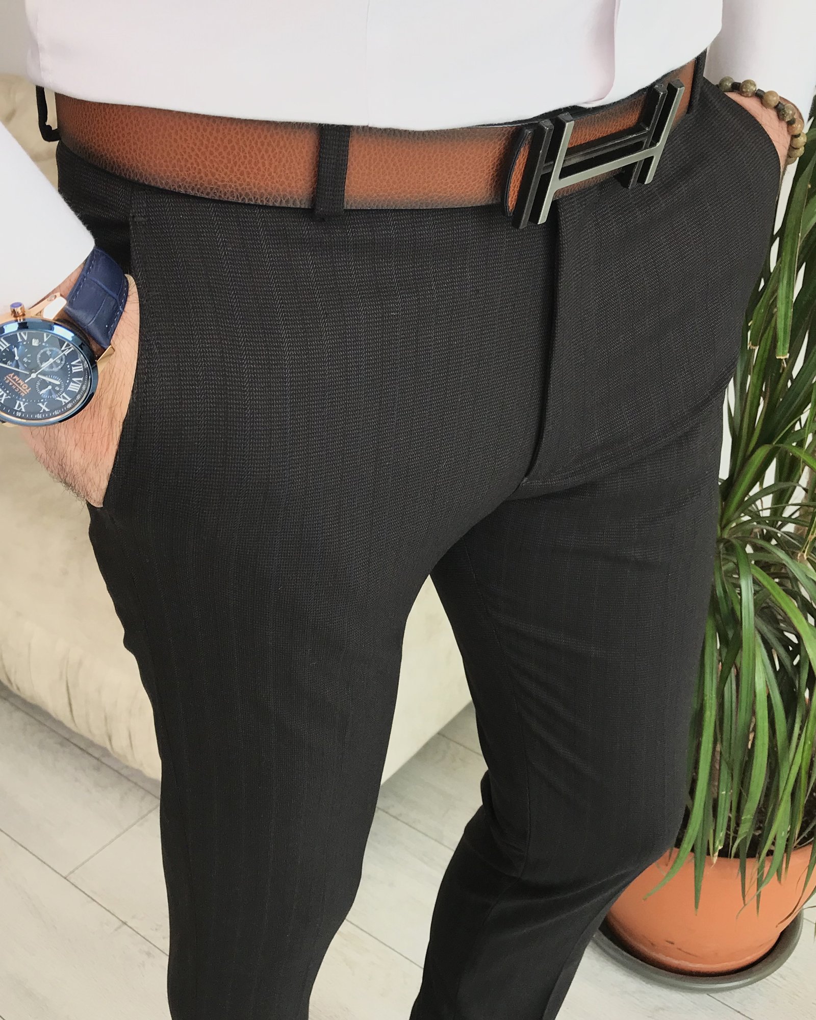 İtalyan kesim slim fit çizgili kumaş pantolon Kahverengi T8525
