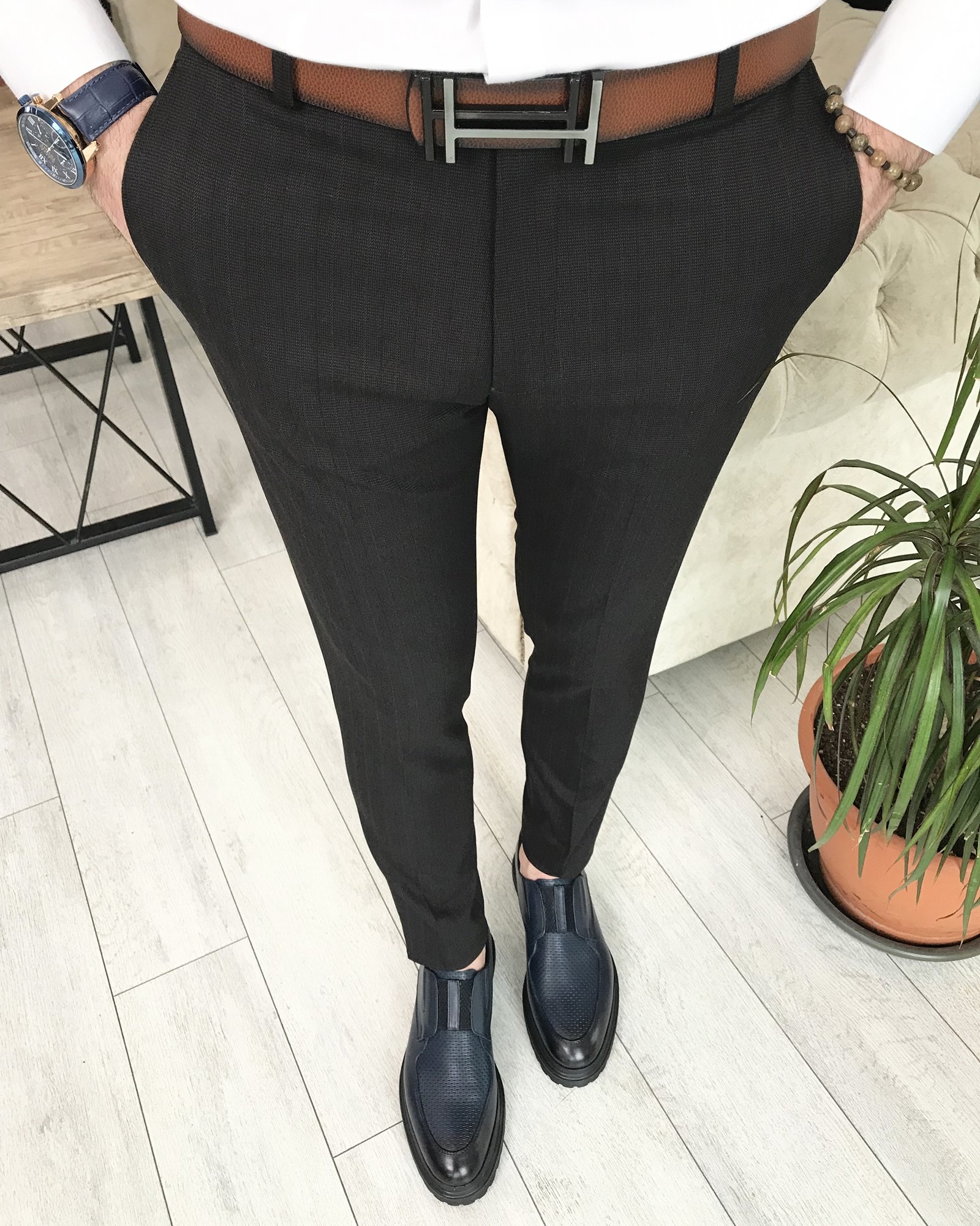 İtalyan kesim slim fit çizgili kumaş pantolon Kahverengi T8525
