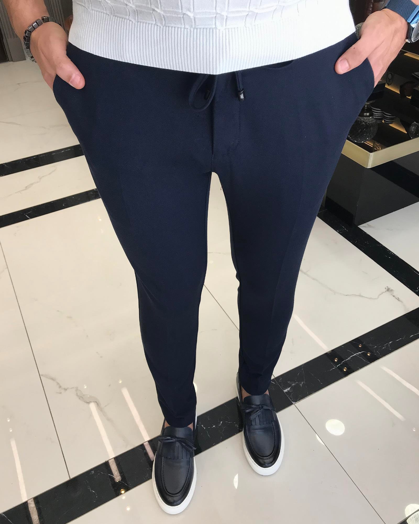 italyan kesim slim fit erkek beli lastikli pantolon lacivert T9138
