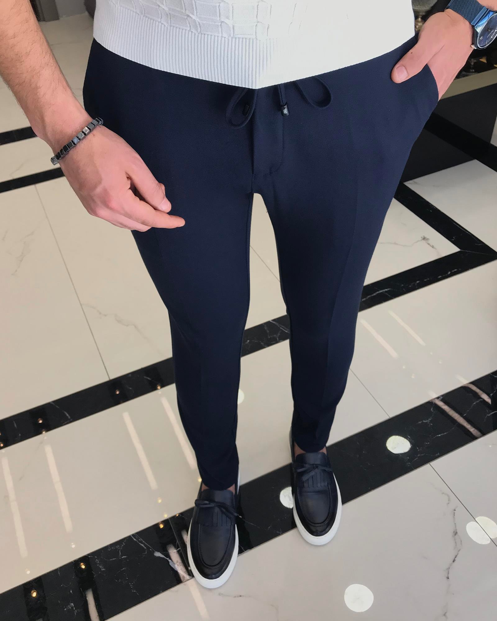 italyan kesim slim fit erkek beli lastikli pantolon lacivert T9138
